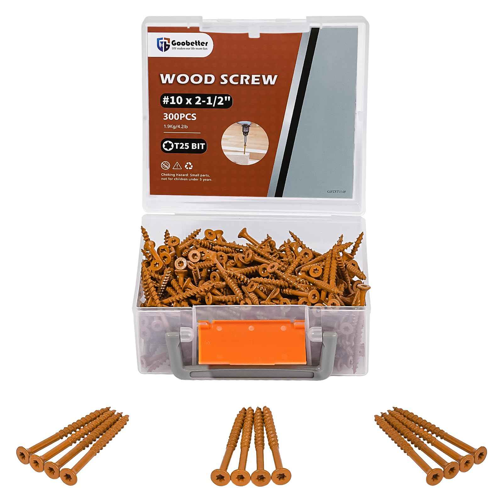 Goobetter Wood Screws 2-1/2 Inch, Deck Screws #10 x 2-1/2", 300 PCS, Rust Resistant, Epoxy Coated, Outdoor Decking Screws, Torx/Star Drive Head, T25 Star Bit Included, Brown