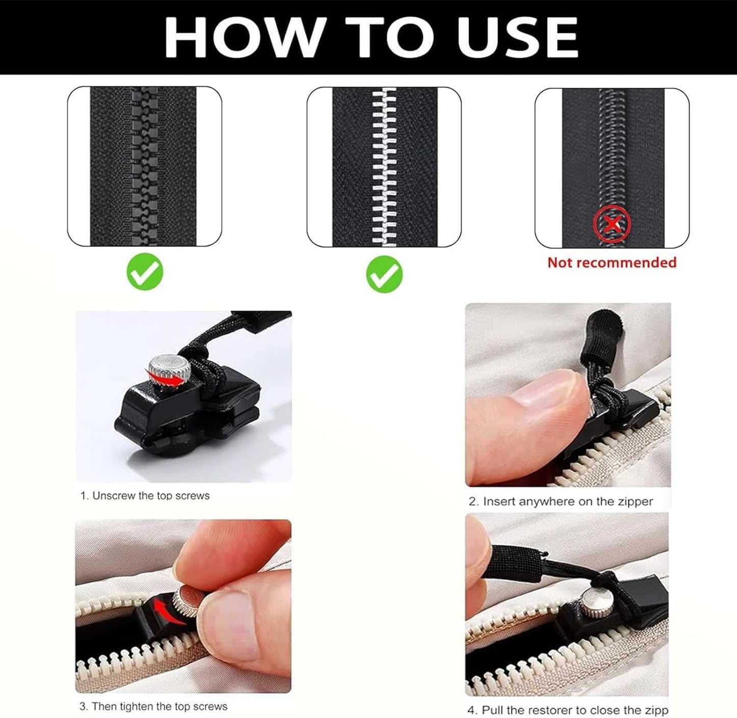 Universal Zipper Repair Kit - Quick Install Replacement Zippers for Jackets, Luggage & Bags - 3 Sizes