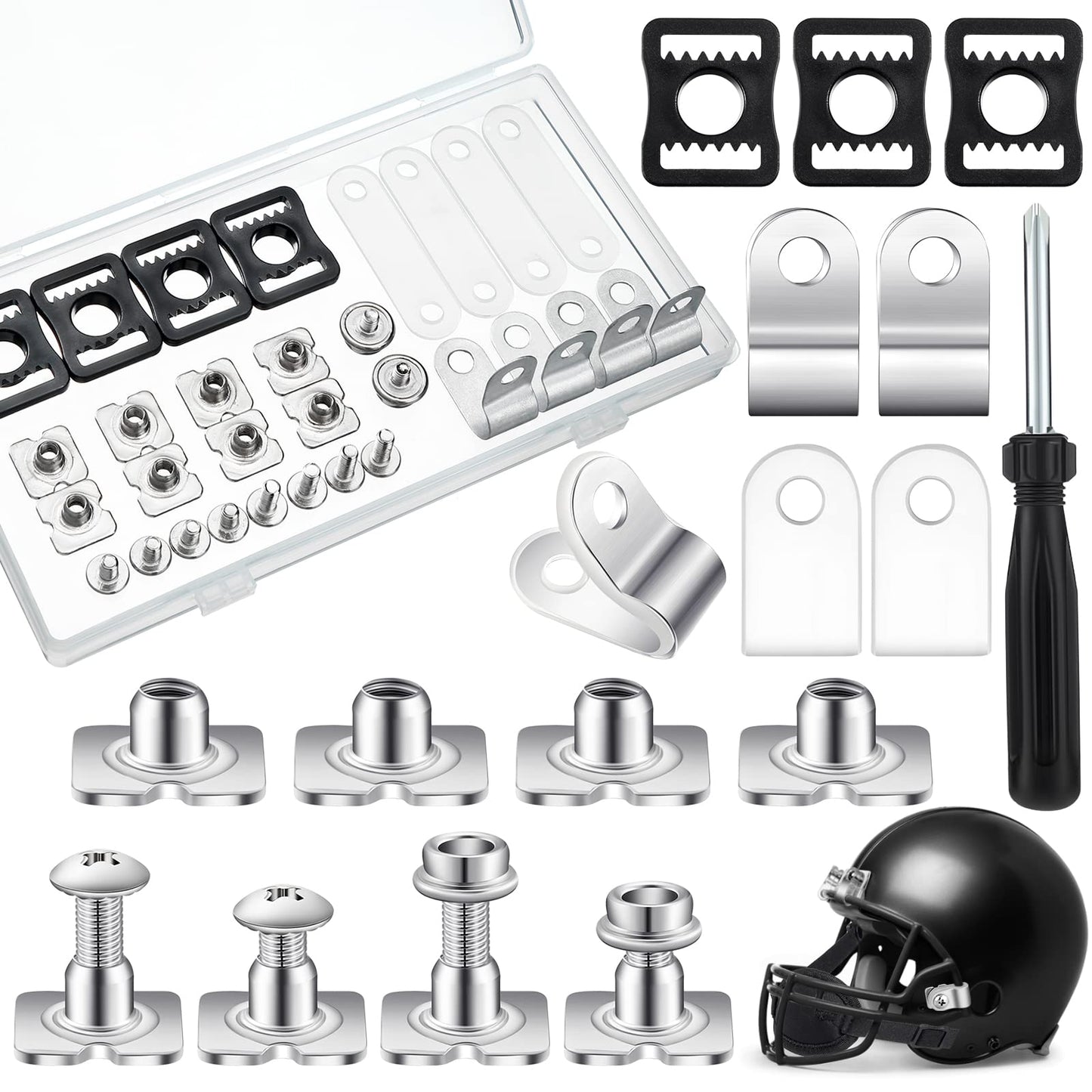 Dunzy 26 Pcs Football Helmet Repair Kit Football Helmet Hardware Kit Include Chin Strap Screwdriver R Shape Visor Clips Screws with Nuts Rubber Gaskets Helmet Buckles for Hockey Baseball Sports