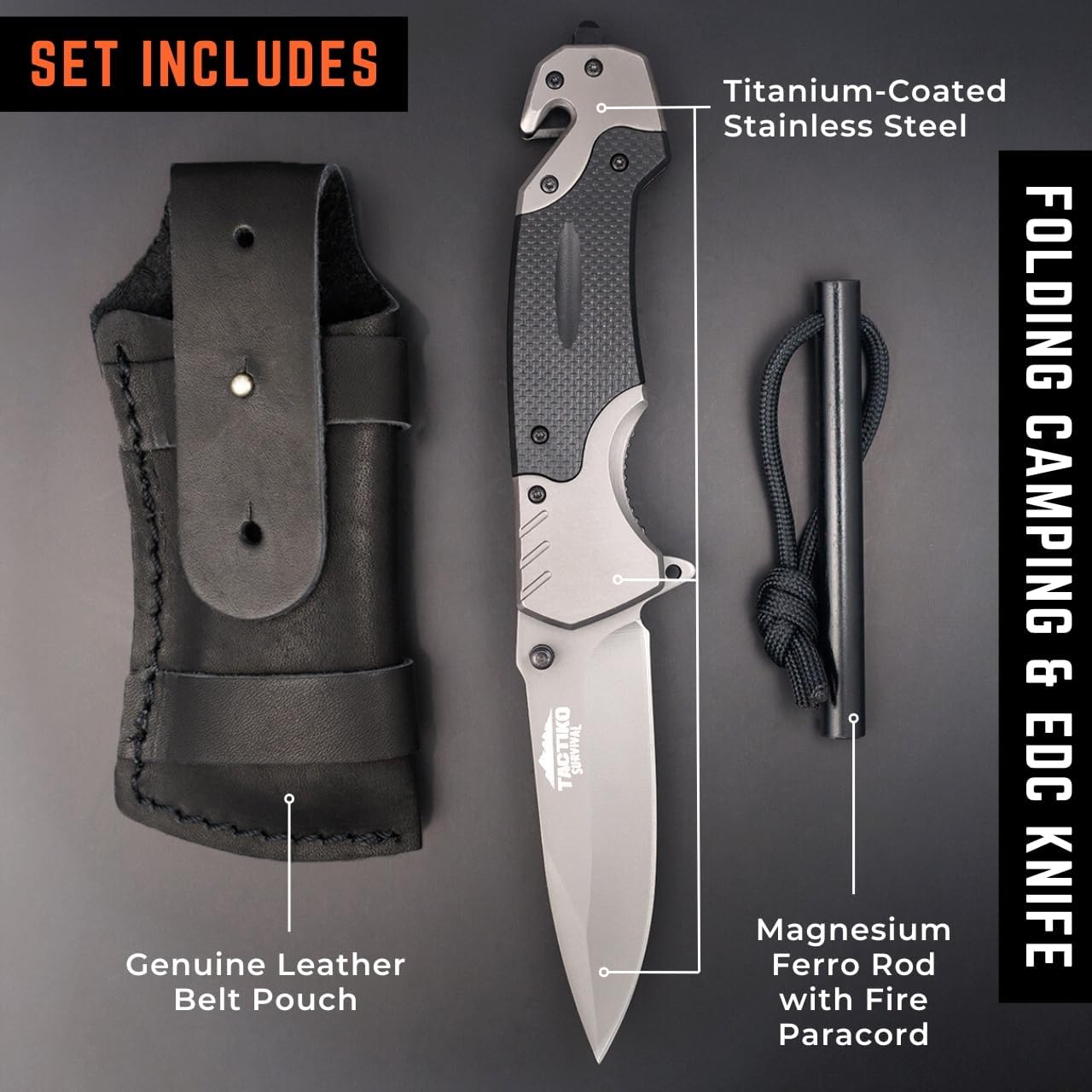 Tactiko 4-in-1 Folding Pocket Knife - Emergency Seatbelt Cutter, Glass Breaker & Fire Starter | EDC Tool for Camping & Hiking (Black)