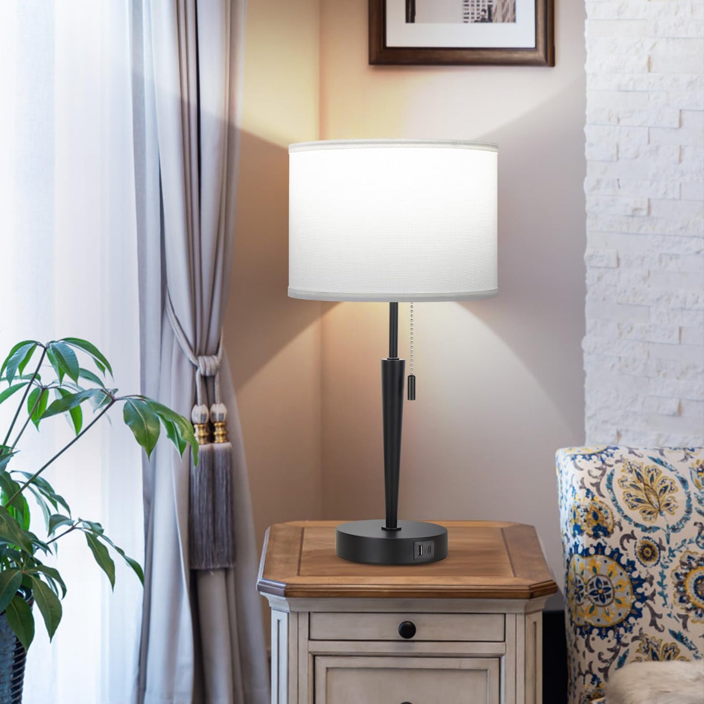 GGOYING Set of 2 Nightstand Lamp,Pull Chain Bedside Table Lamp with USB C+A Charging Ports,5000K LED Bulbs,White Fabric Lampshade for Bedroom,Livingroom