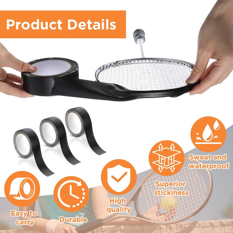 mekueeex 3 Pieces Black Racket Head Protection Tape, Tennis Racket Tape Racket Head Frame Guard Sticker for Tennis Racket ，16.4ft Roll