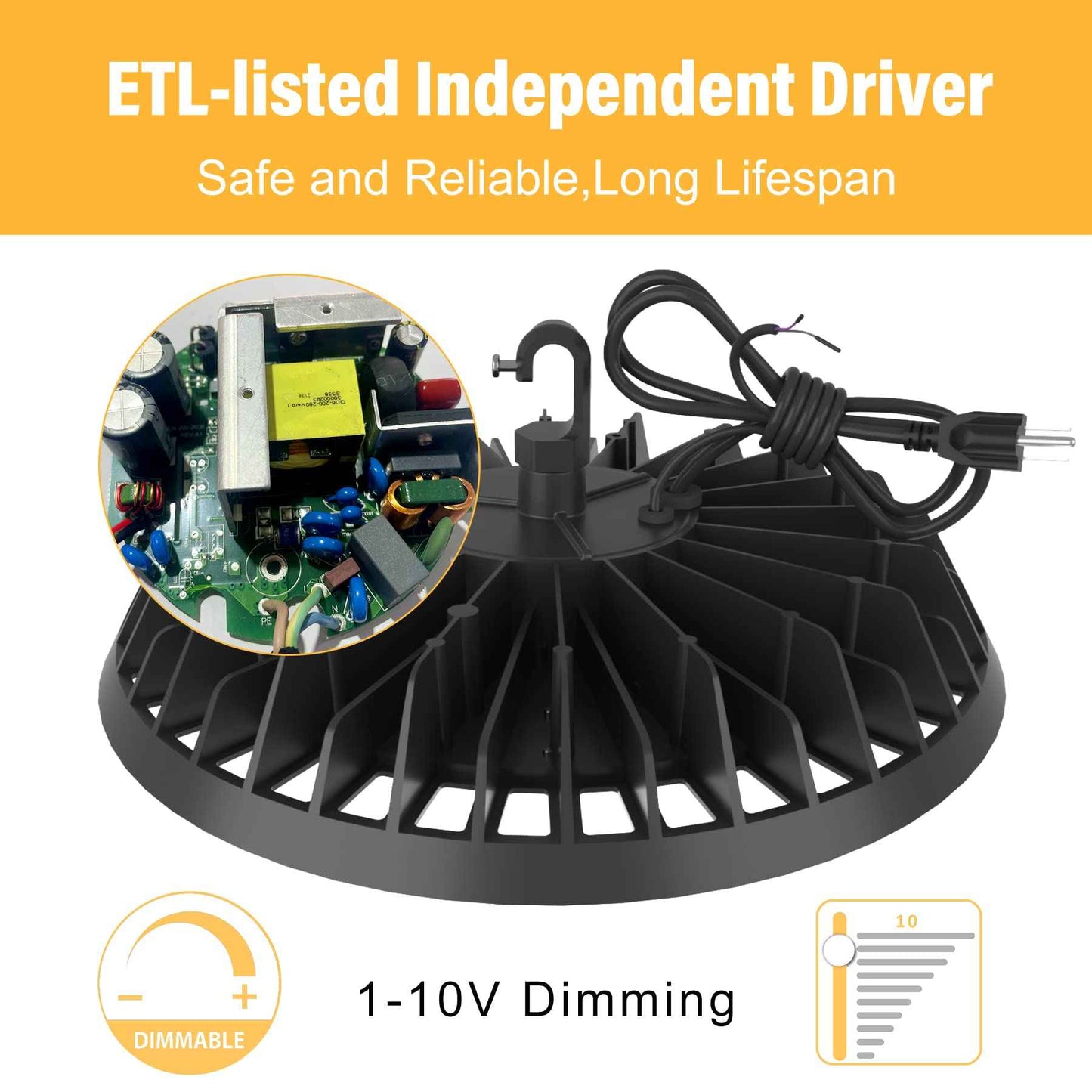 JC-LGL LED High Bay Light 200W Super Bright 32,000LM (160LM/W) 1-10V Dimmable, 5' Cable with Plug, Hanging Hook, Safe Rope, High Bay LED Light for Factory Warehouse Workshop