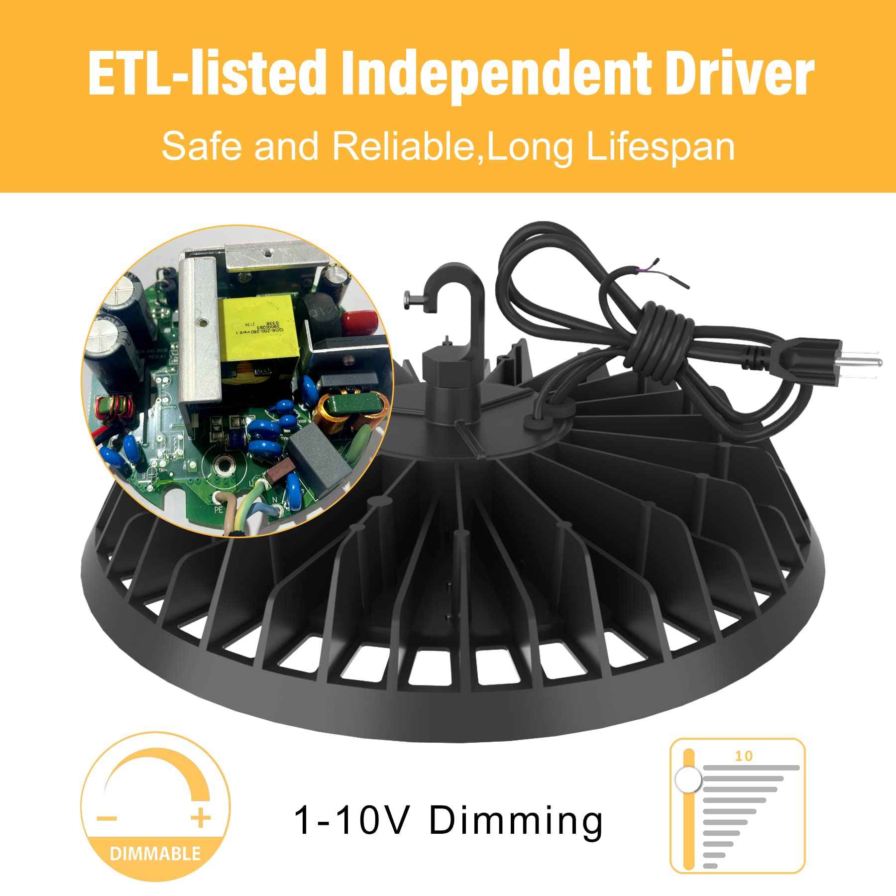 JC-LGL LED High Bay Light 200W Super Bright 32,000LM (160LM/W) 1-10V Dimmable, 5' Cable with Plug, Hanging Hook, Safe Rope, High Bay LED Light for Factory Warehouse Workshop