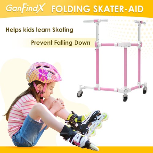 GanFindX Folding Skater Aid for Kids Roller Skating, Aluminum Roller Skate Trainer for Children Toddler Adjustable Height Training Walker (Pink