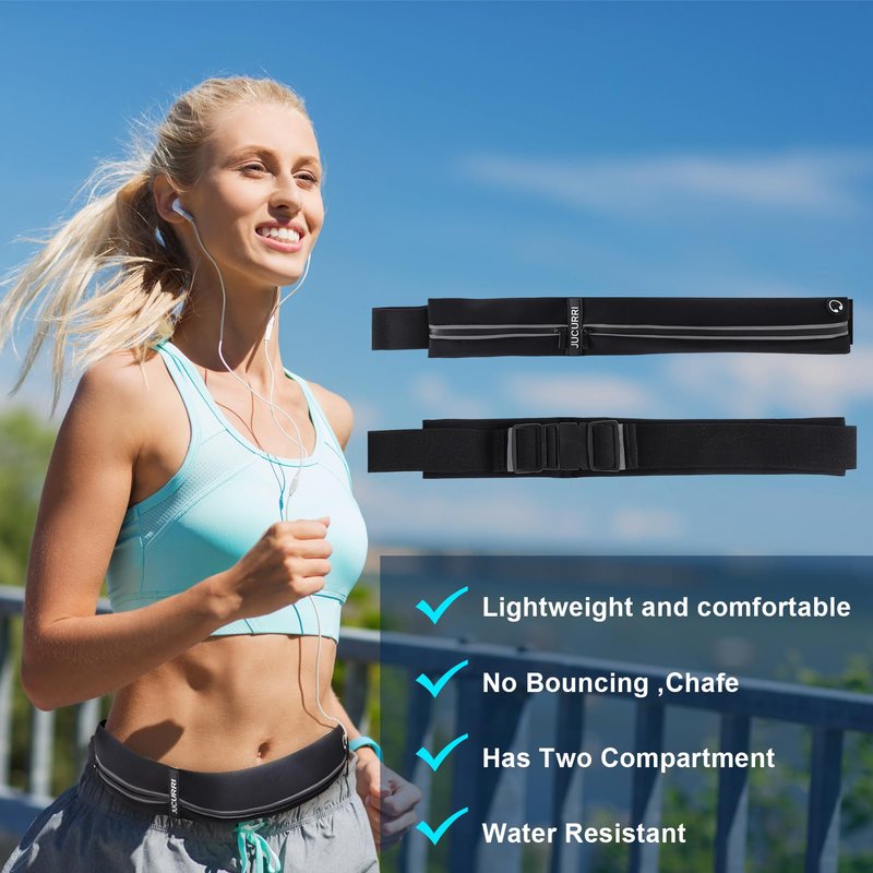 Slim Running Belt for Women and Men, Waterproof Phone Holder for Running, Reflective 2-Pocket Waist Pack for Storing Runner’s Essentials Safely, Runner’s Fanny Pack, Money Belt Fits Most Phones(Black)