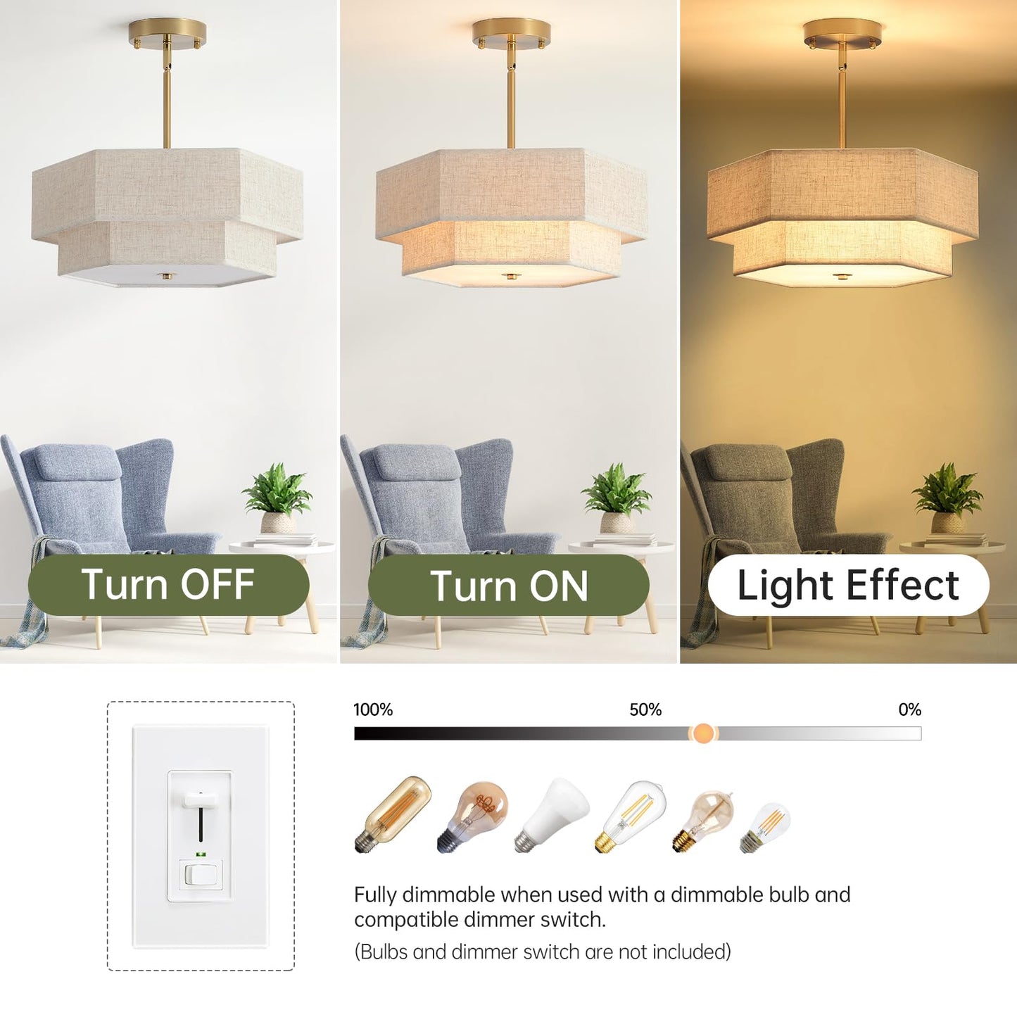 InterMaka Modern Semi Flush Mount Ceiling Light 15.7" Boho Light Fixture with Linen Shade, Double Drum 3-Light Entryway Pendant Light, Close to Ceiling Light Fixtures for Living Room Bedroom Nursery