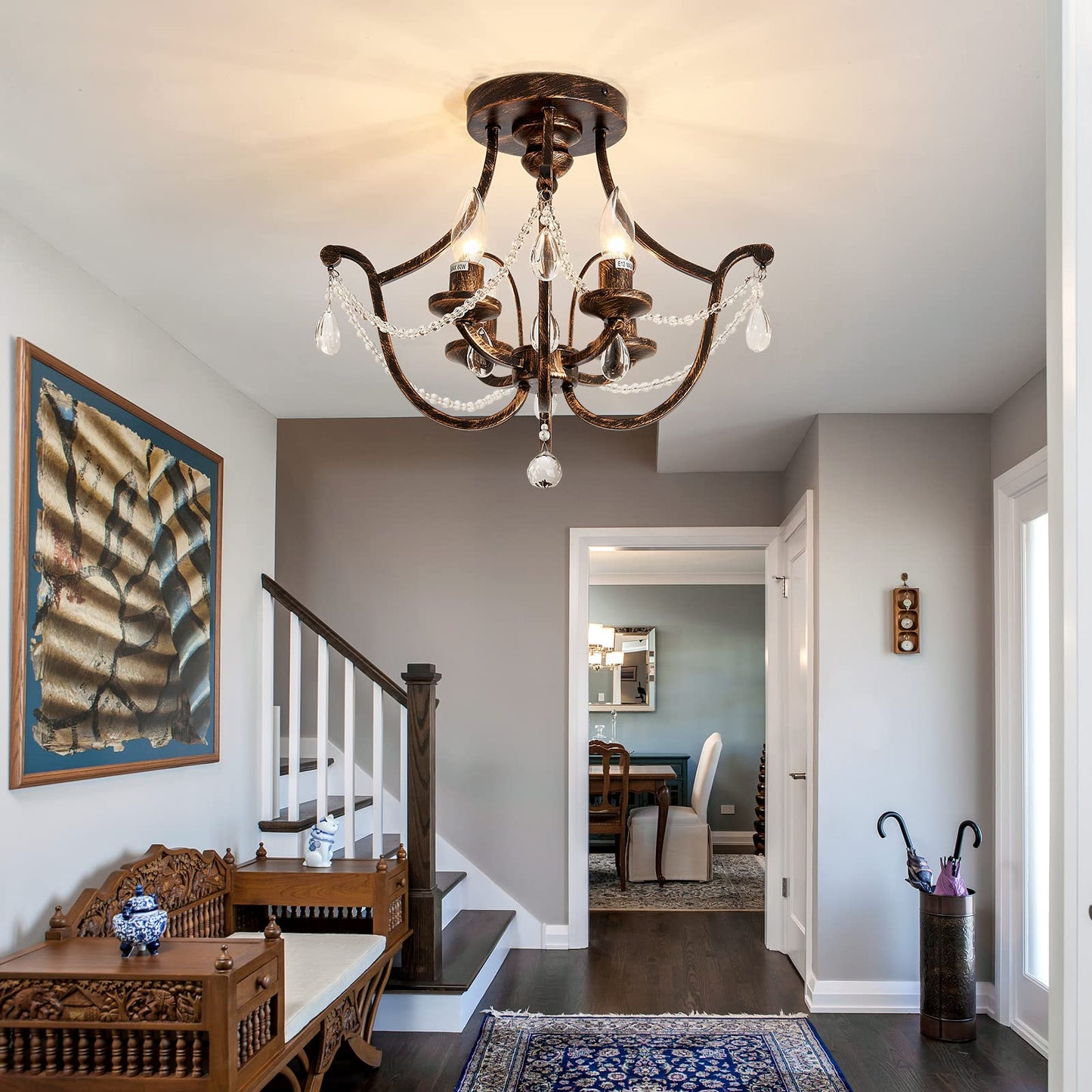 UOFUS Vintage Semi Flush Mount Crystal Chandelier Oil Rubbed Bronze 4-Light Small Metal Ceiling Light Fixture Farmhouse Ceiling Lamp for Foyer Kitchen Entryway Hallway Bathroom Bedroom Dining Room