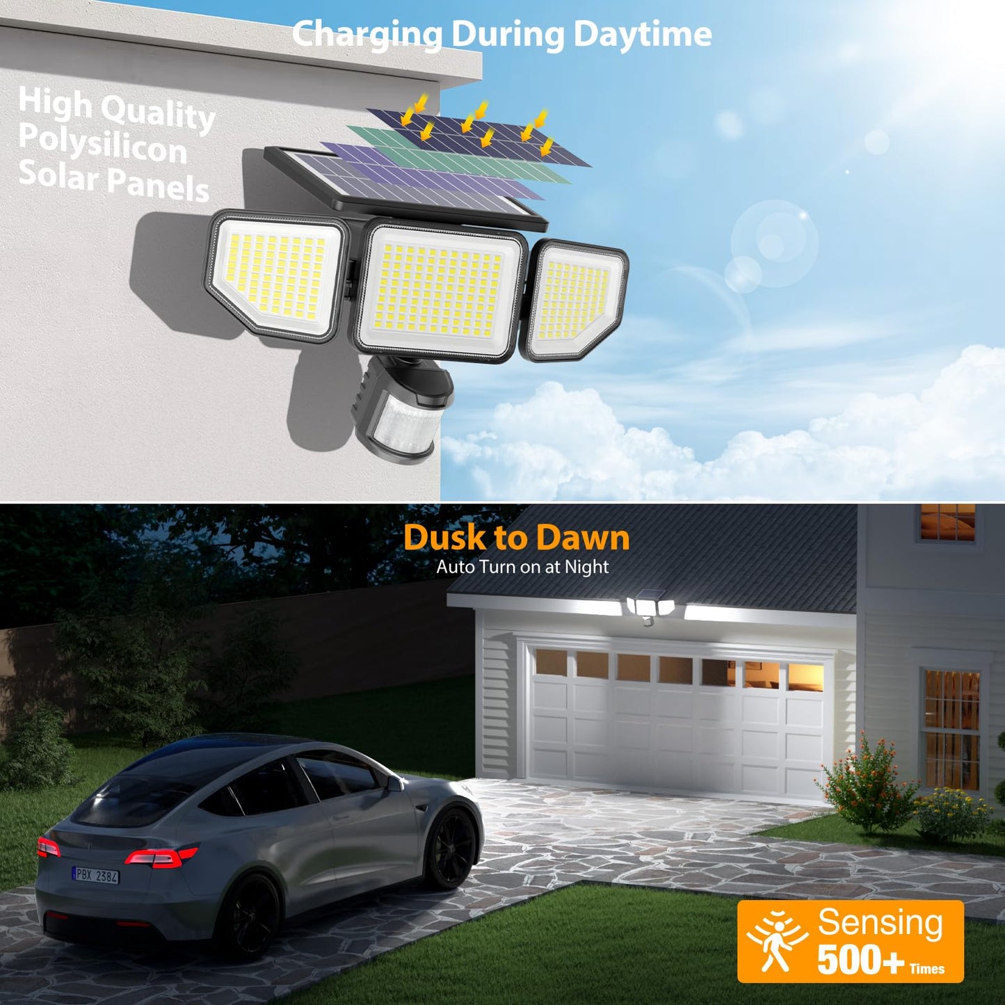 Onforu 4500LM Solar Lights Outdoor, 3 Heads Security Lights with Remote Control, IP65 Waterproof Motion Sensor Lights, 3 Modes Flood Lights for Wall, Porch, Yard, Outside, 1 Pack