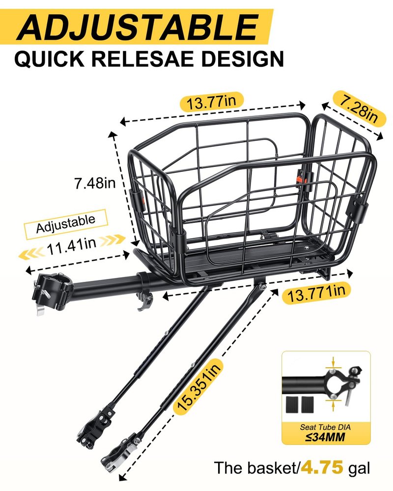 EQIIO Rear Bike Rack with Foldable Basket – 22L, Quick Release Bike Cargo Rack Aluminum Alloy & 165LB Load, Adjustable Bicycle Rack with Reflector & Installation Tool & Free Bungee Cord, Waterproof