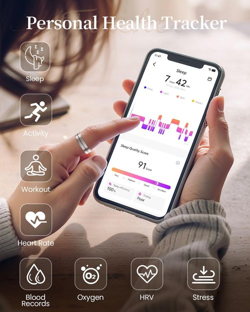 Fvtga Smart Health Ring - Fitness Tracker with Heart Rate, Blood Oxygen & Sleep Monitoring | IP68 Waterproof, Silver, Size 8