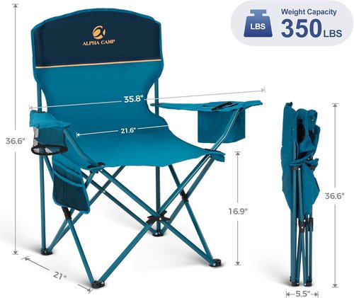 LET'S CAMP Folding Camping Chair 2-Pack - Portable Lawn Chairs with Cooler Bag & Cup Holder | Supports 350LBS, Blue