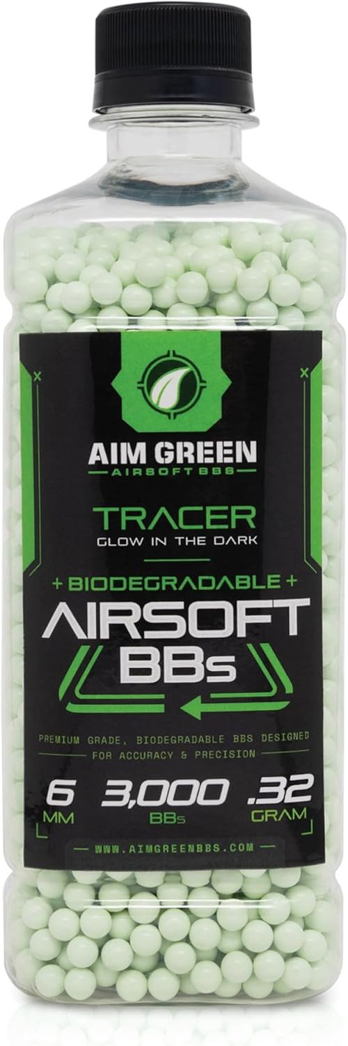 Aim Green Tracer Biodegradable Airsoft BBs - Glow-in-The-Dark, 3,000 Count, .20/.25/.32 Grams