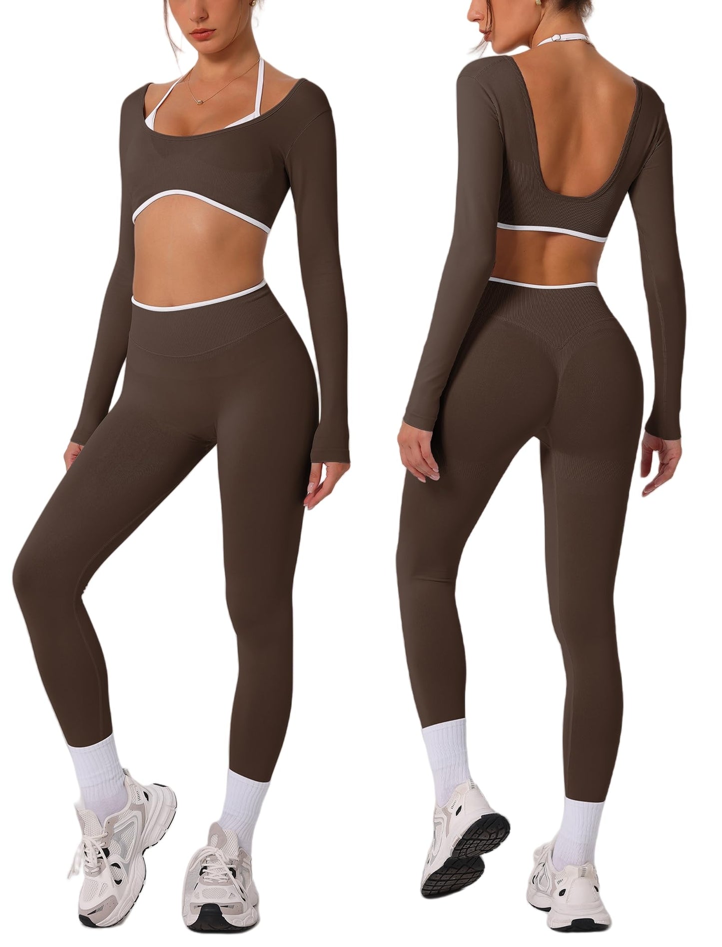 ABOCIW Long Sleeve Workout Sets for Women 2 Piece Seamless Color Block Backless Cropped Top Scrunch Butt Lifting High Waist Leggings Gym Set Yoga Pilates Outfits Coffee Small