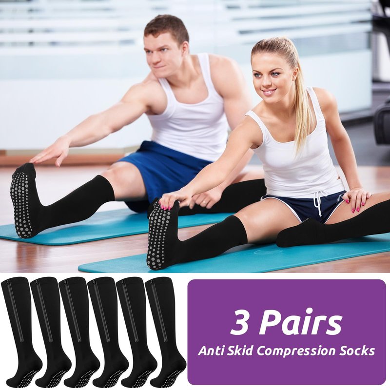 Shyyween 3 Pairs Zipper Compression Socks Non Slip Grip for Men Women 15-20mmhg Knee High Socks for Nurse Pregnant Swelling(L,Black)