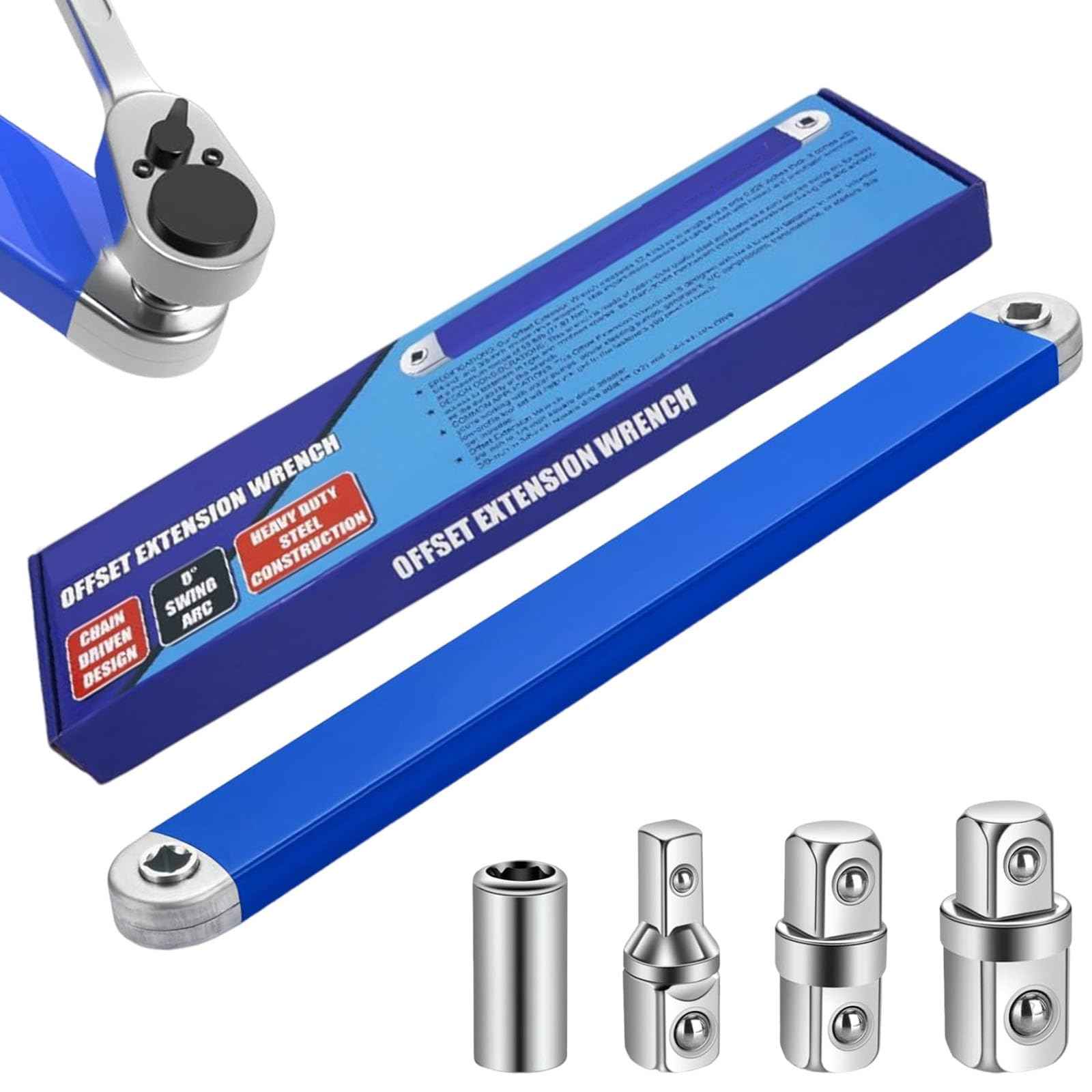 COMATIP Offset Extension Wrench Set, Impact Ready Socket Ratchet Wrench Extender Tool with 1/2'', 1/4'', 3/8'' Square Drive Adapters, Zero Degree Ratchet Tool Universal Stubby Wrenches Set for Car