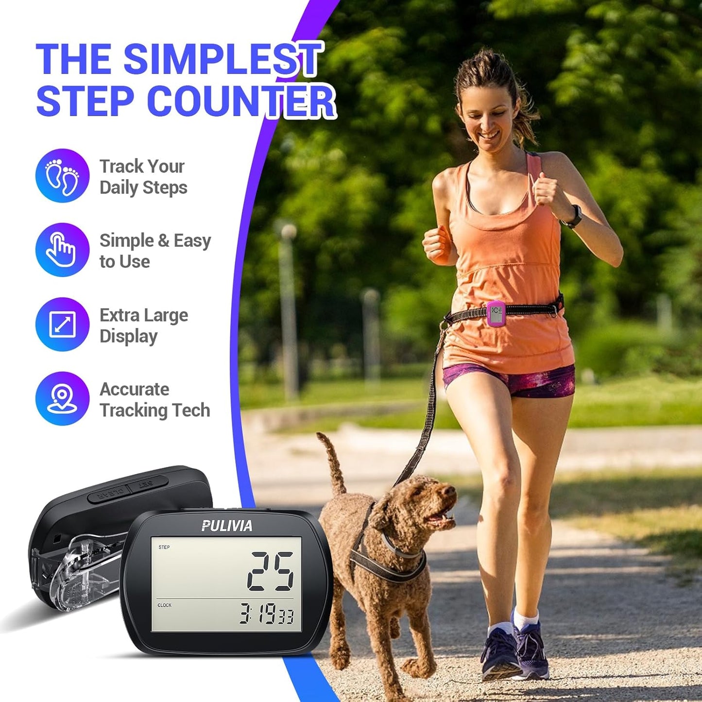 Skiennix Pedometer - Accurate 3D Step Counter with Clock | Portable Clip-On Design for Easy Tracking