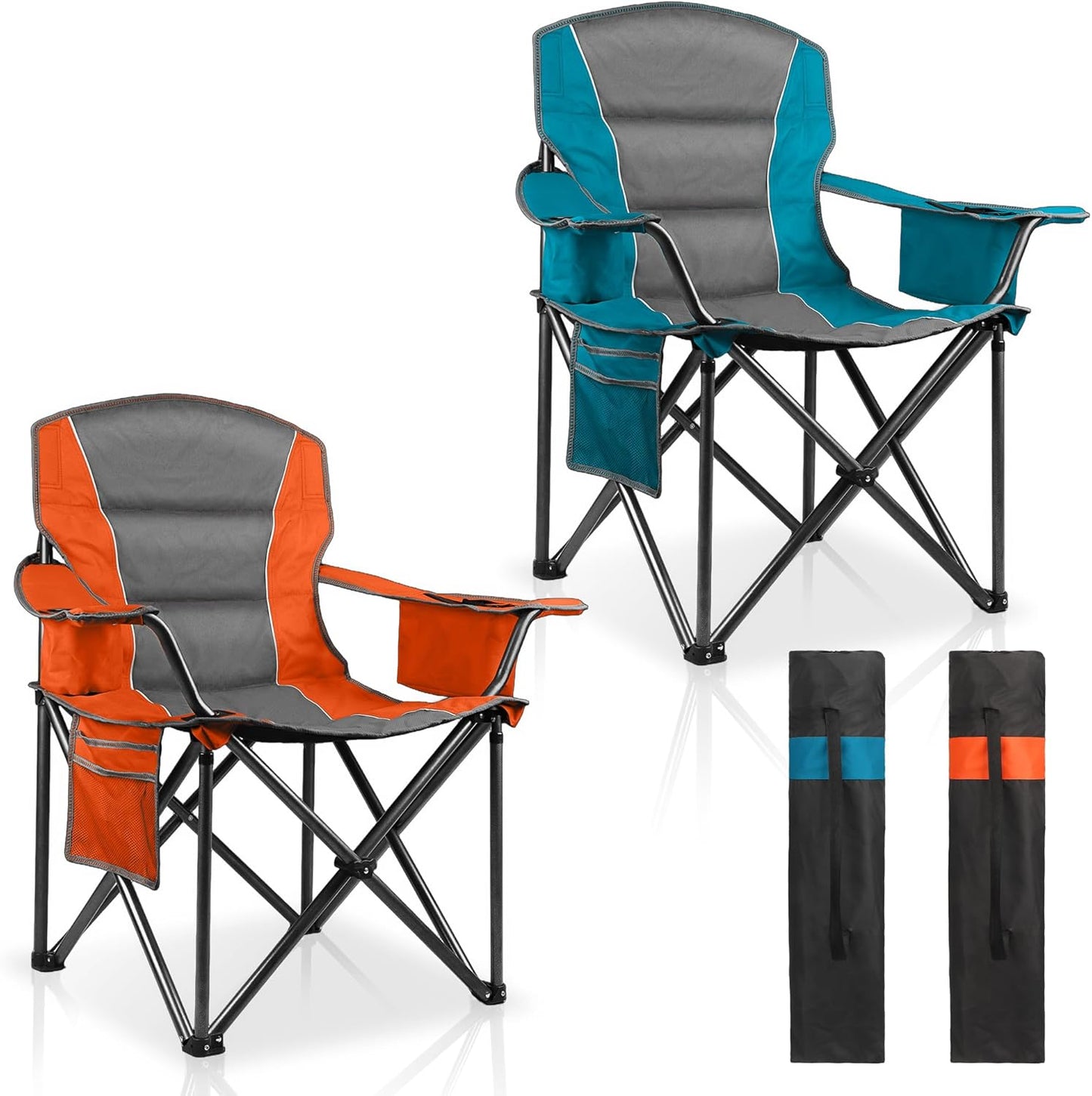 Skiennix Padded Oversized Camping Chairs - Heavy Duty Support 400 Lbs | Folding Portable Lawn Chair with Cup Holder & Cooler Bag (Orange & Blue)