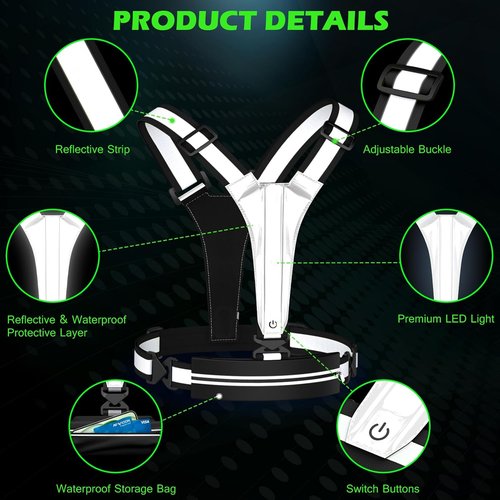 LED Reflective Vest by [Brand Name] - USB Rechargeable Light-Up Running Gear with Chest Phone Holder for Night Safety