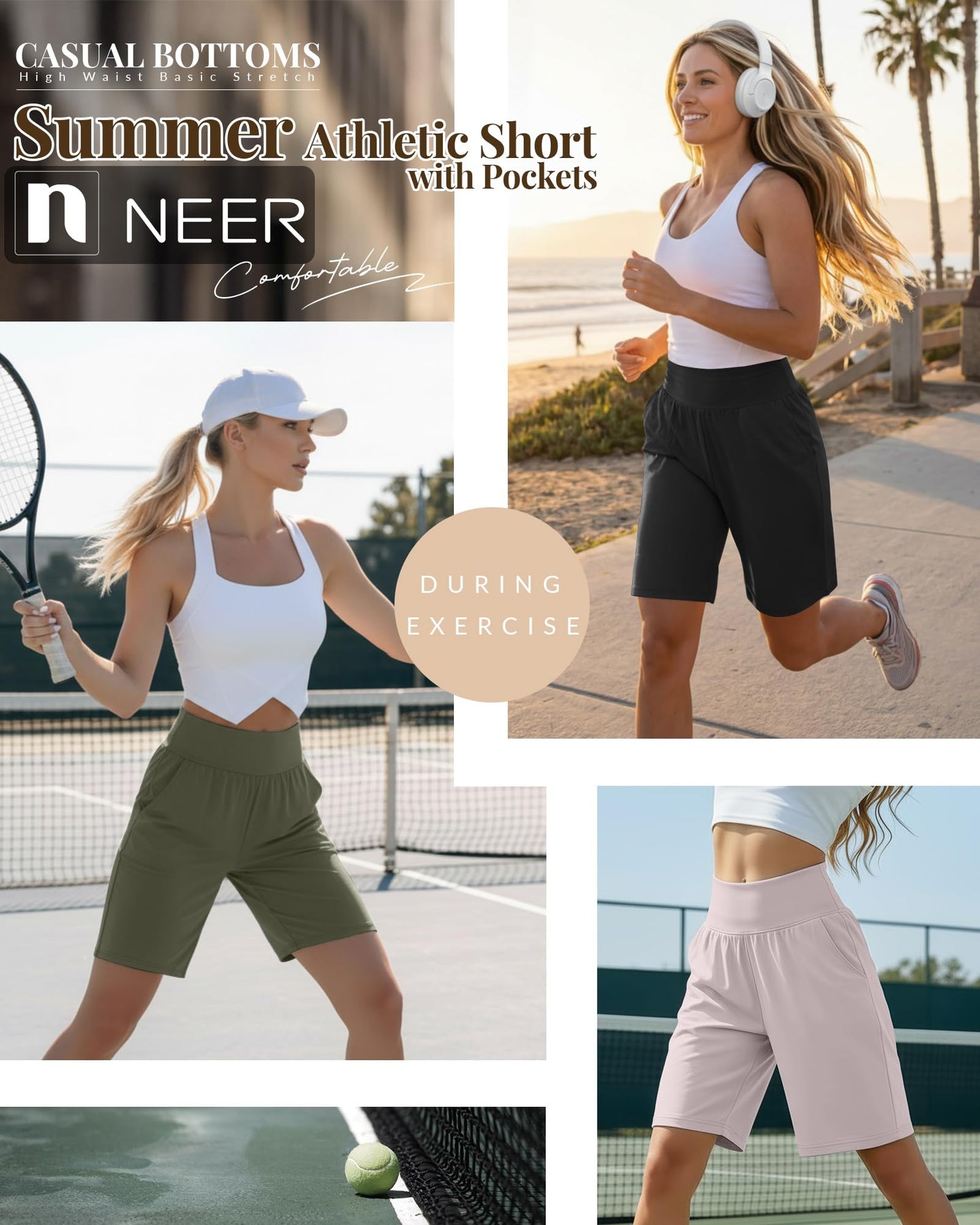 Neer 3 Pack Women's Bermuda Shorts, High Waist Basic Stretch Casual Bottoms Knee Length Summer Athletic Short with Pockets(Black, Army Green, Light Khaki,Medium)