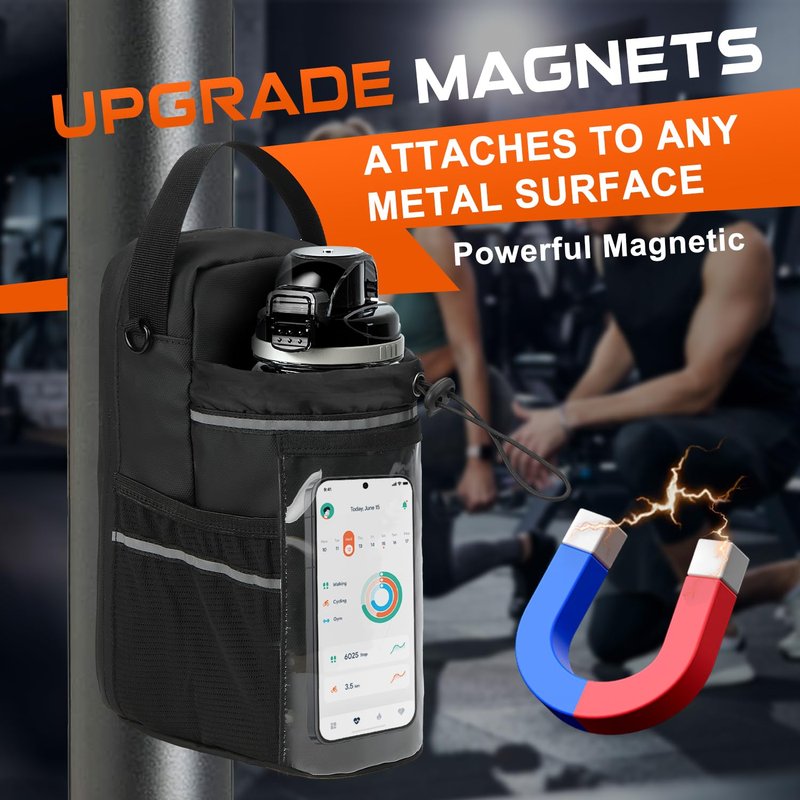 TAEYONK Magnetic Gym Bag for Men & Women, Magnetic Gym Water Bottle Bag with Touch-screenable Phone Pocket, Small Gym Pouch with 5 Strong Magnets, Sling Gym Bags for Fitness, Travel, Sports
