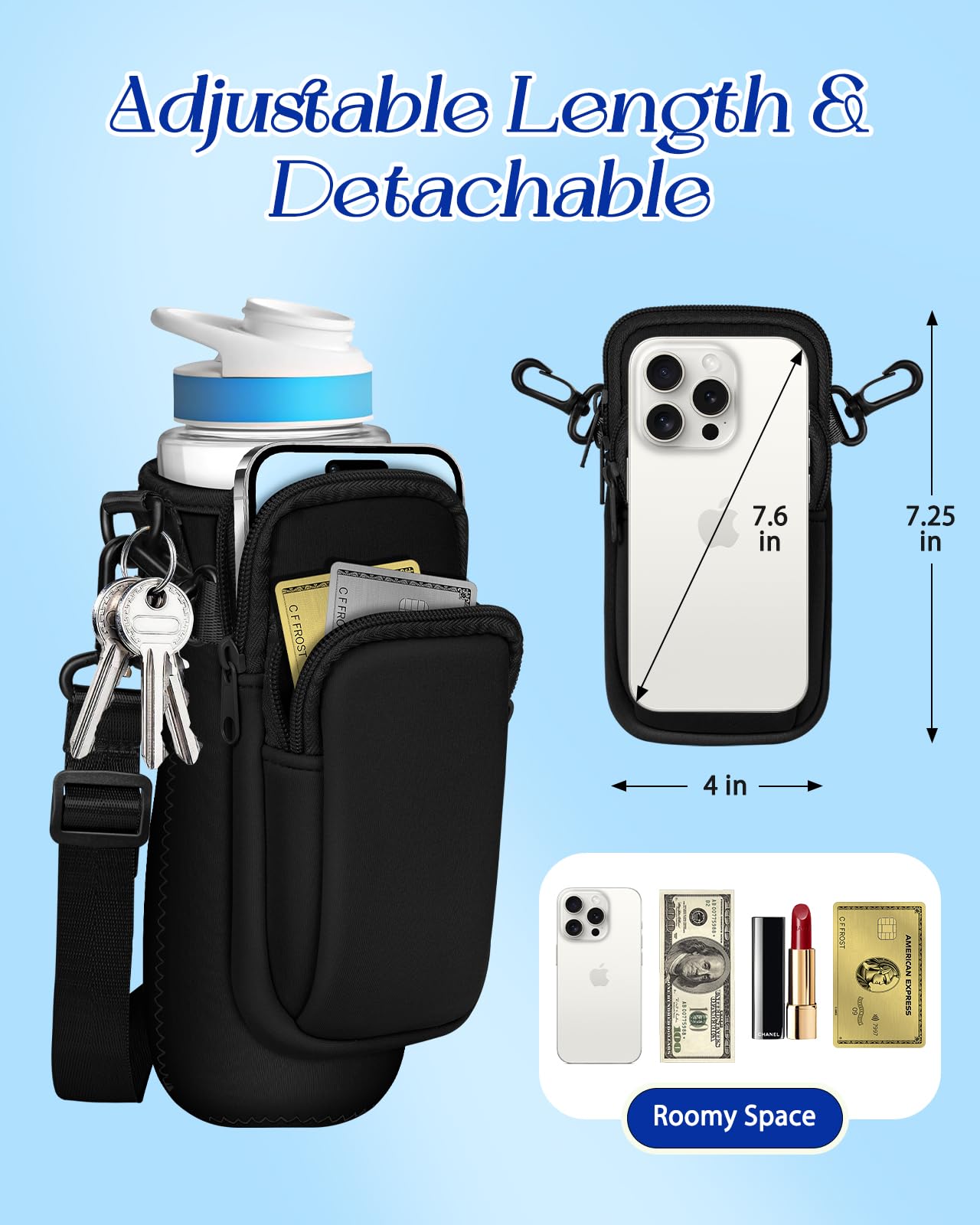 Toykee Water Bottle Sleeve with Pouch for Cirkul 22 oz - Black Crossbody Shoulder Strap Detachable Phone Purse with Bottles Cover Holder Carrier Bag