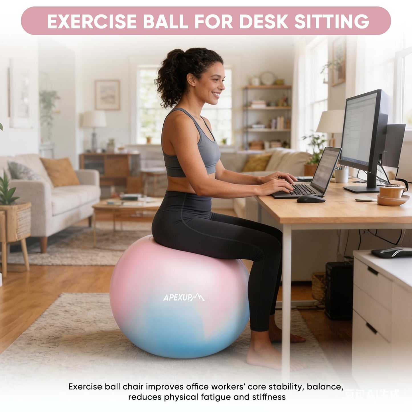 APEXUP Yoga Ball, 660 lbs Anti-Burst Exercise Ball with Pump, 5 Sizes (M (19"~22") 55cm, Blue Pink)
