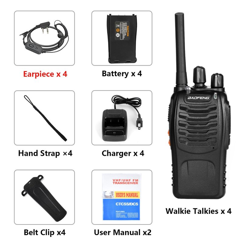 BAOFENG Walkie Talkies for Adults 888S Rechargeable Long Range Two Way Radios with Earpieces,Portable Handheld FRS Radio with 16CH Flashlight Li-ion Battery and Charger -4 Pack
