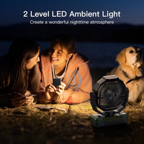 FRIZCOL 3-in-1 Camping Fan - Rechargeable Portable Fan with 24000mAh Battery, Light & Remote - Green