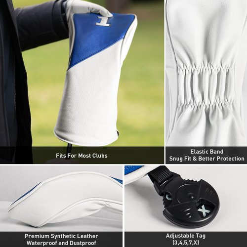 FINGER TEN Golf Club Head Covers for Woods Driver Fairway Hybrid with Interchangeable Number Tag 1 3 5 Premium Leather Headcovers for Women Men (Blue&White, D+F+H)