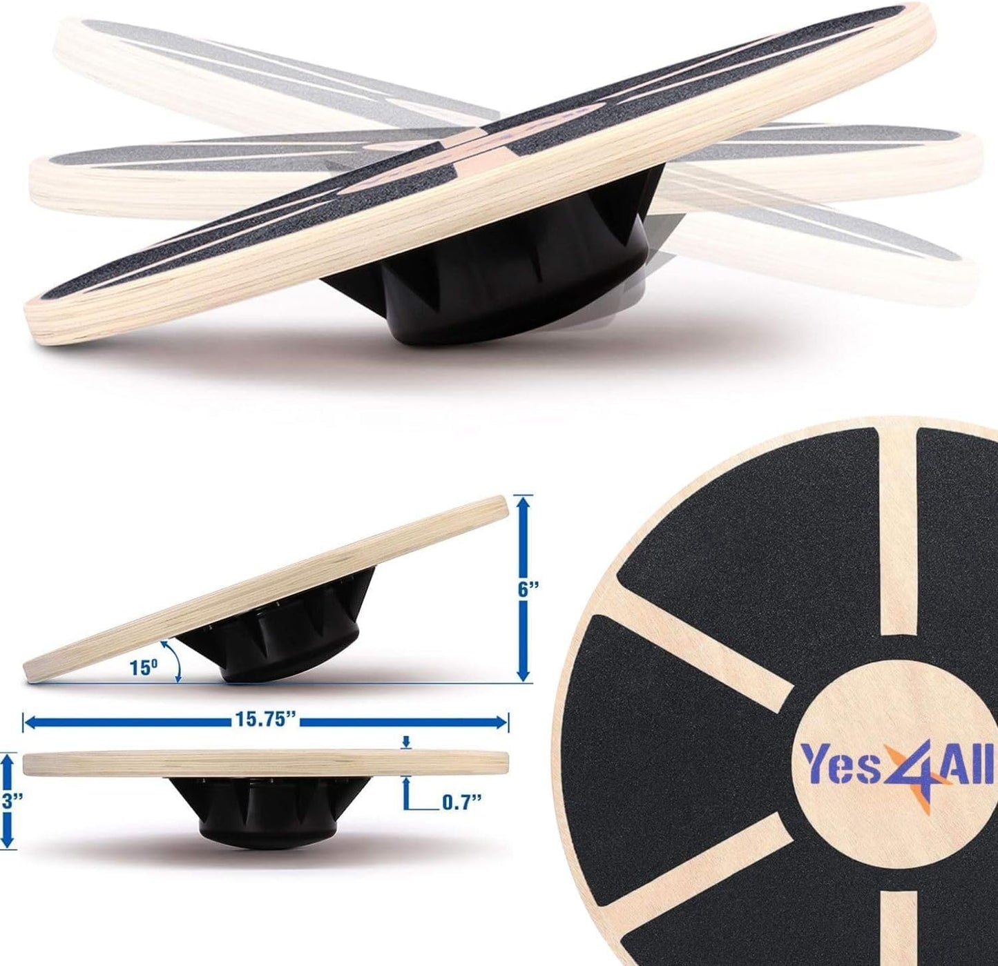 Yes4All 300lbs Wooden Wobble Board - 360-Degree Balance Trainer for Adults | Anti-Skid Design