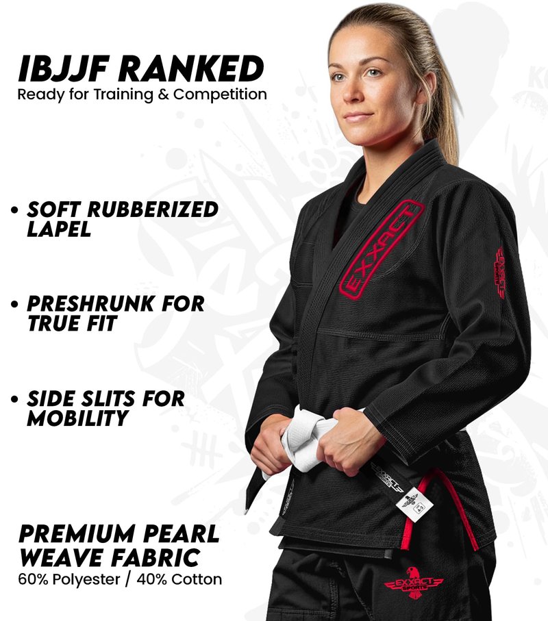 Exxact Sports BJJ Gi Women, Lightweight IBJJF Legal Jiu Jitsu Gi with Preshrunk Fabric & Free Belt for Training & Competition (Black, W1)