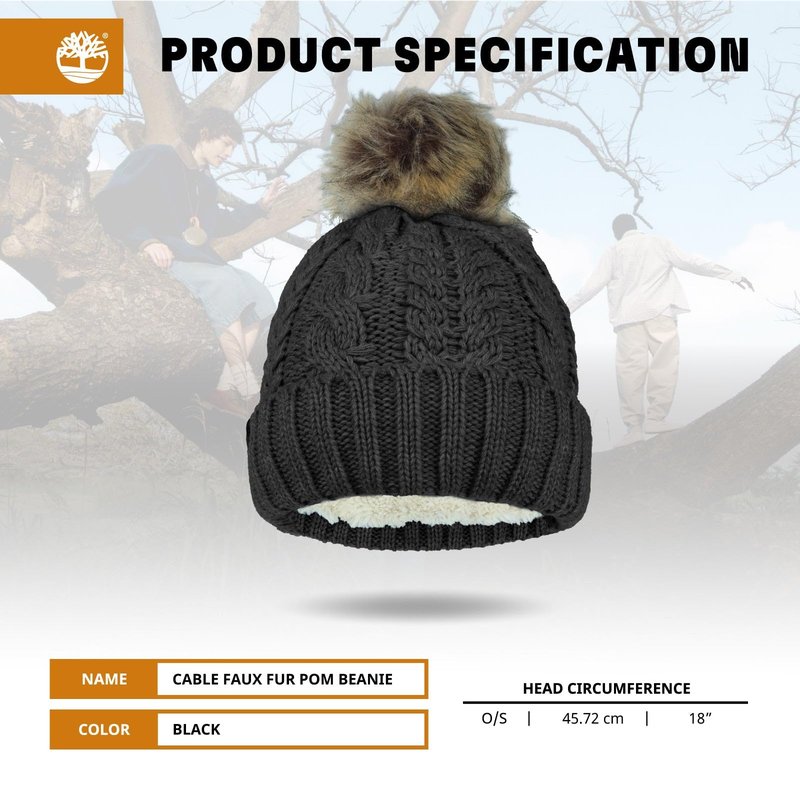 Timberland Women’s Cable Knit Faux Fur Pom Beanie - Soft Winter Hat, Ribbed Cuff, Warm Lining, Stylish Cozy Cold Weather Wear, Black, One Size