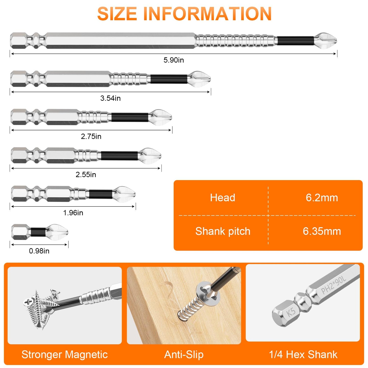 High Magnetic Screwdriver Drill Bit Set - 6pcs K5 Impact Resistant Non Slip Bit - Screwdriver Bit Set - Magnetic Screwdriver Set - 25 50 65 70 90 150mm (6pcs)
