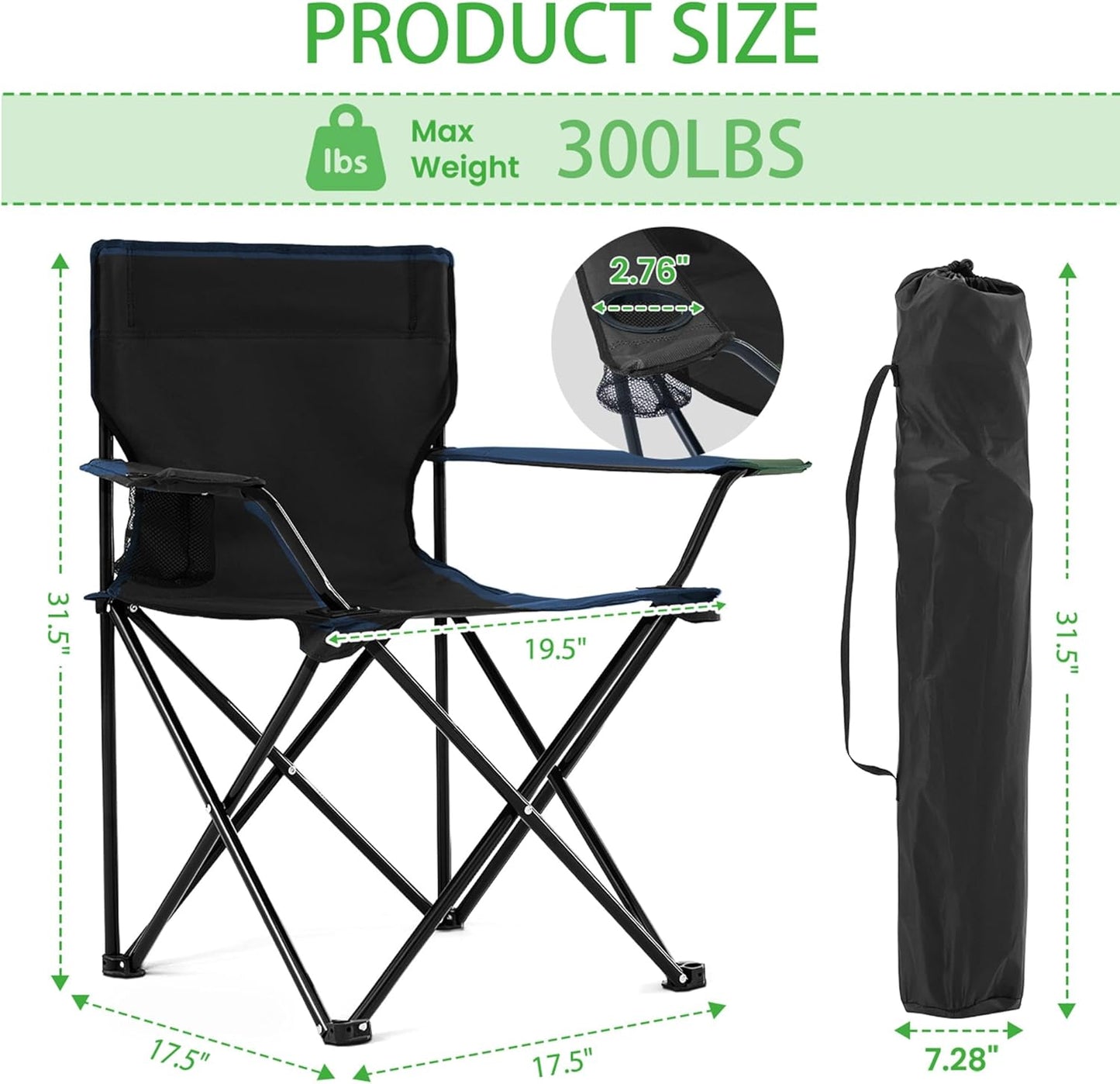 Skiennix Lightweight Folding Camping Chairs - 2 Pack with Cup Holder & Carry Bag | Black, Medium Size