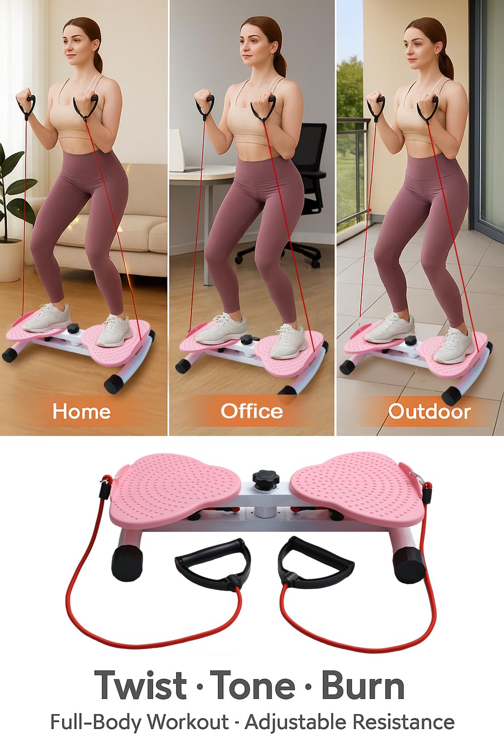 Waist Twister Machine Exercise, Adjustable Waist Twistting Fitness Tool with 300 lbs Weight Capacity, Abs Workout Equipment for Slim Waist and Core Ab Exercise, Noiseless Home Ab Twister Board for Women & Men, Pink