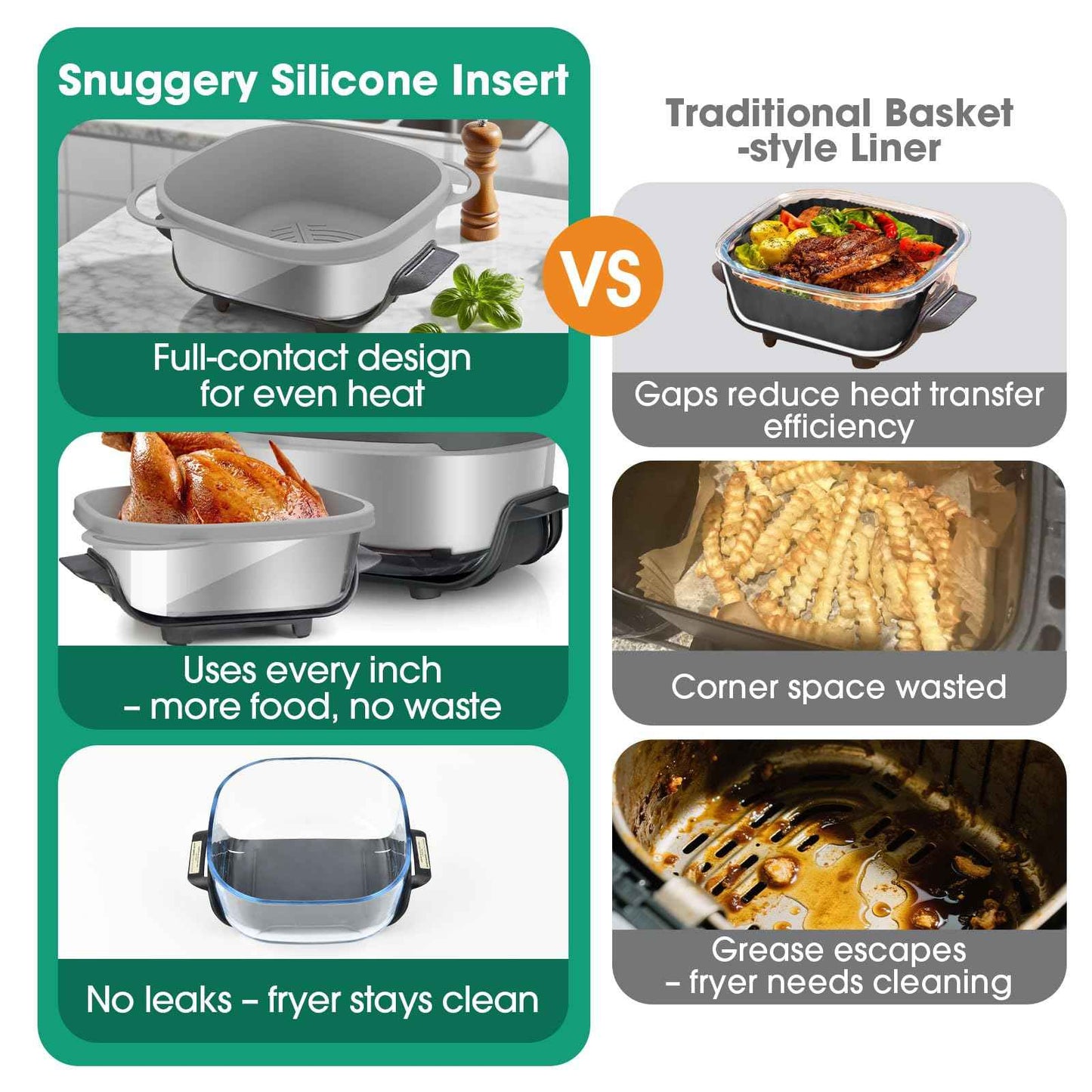 Snuggery FN101GY Silicone Air Fryer Liners for Ninja Crispi Glass Basket – Full-Coverage 4QT 6QT Reusable Nonstick Dishwasher Safe Mat,with Heat Mat and Oil Brush for Mess-Free Cooking