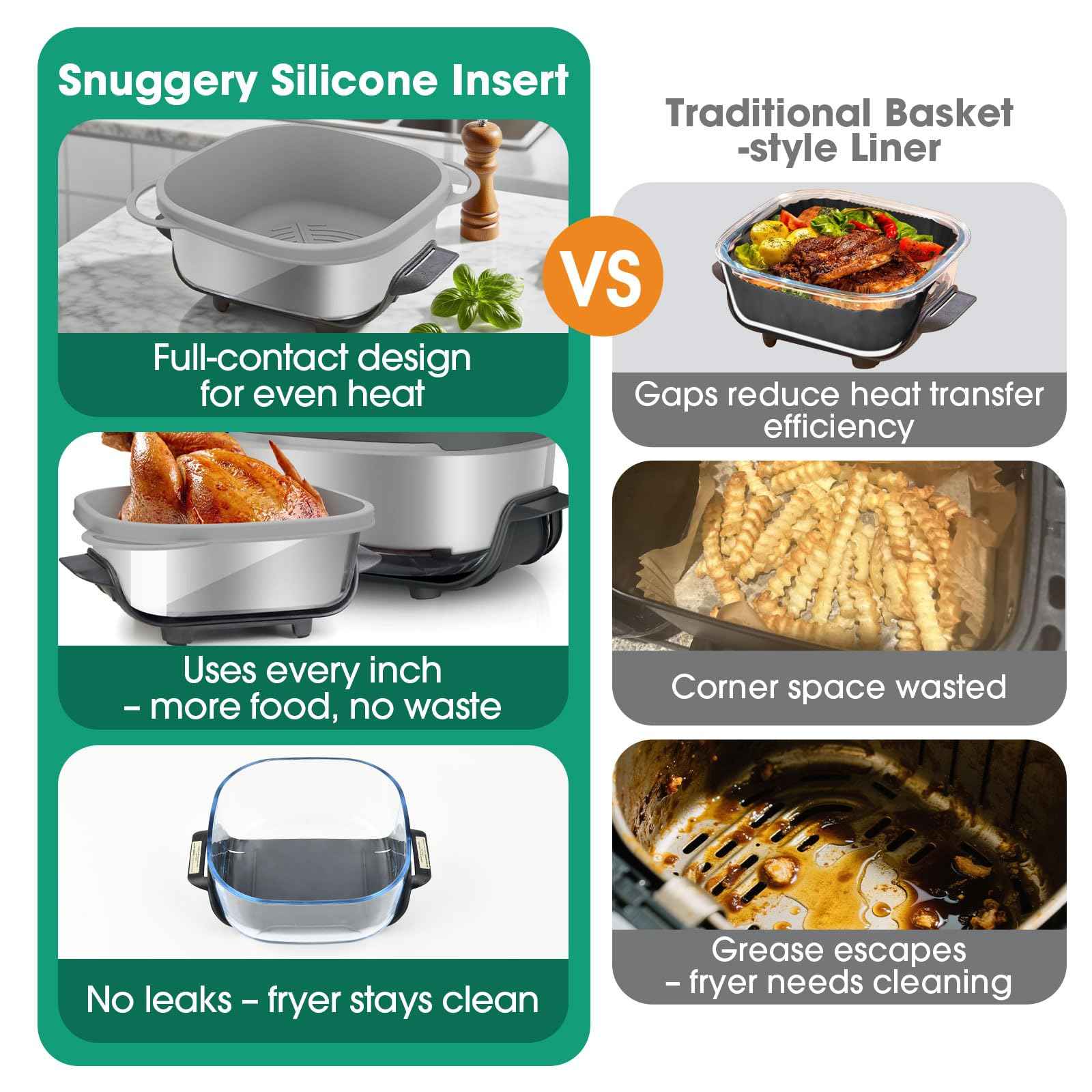 Snuggery FN101GY Silicone Air Fryer Liners for Ninja Crispi Glass Basket – Full-Coverage 4QT 6QT Reusable Nonstick Dishwasher Safe Mat,with Heat Mat and Oil Brush for Mess-Free Cooking