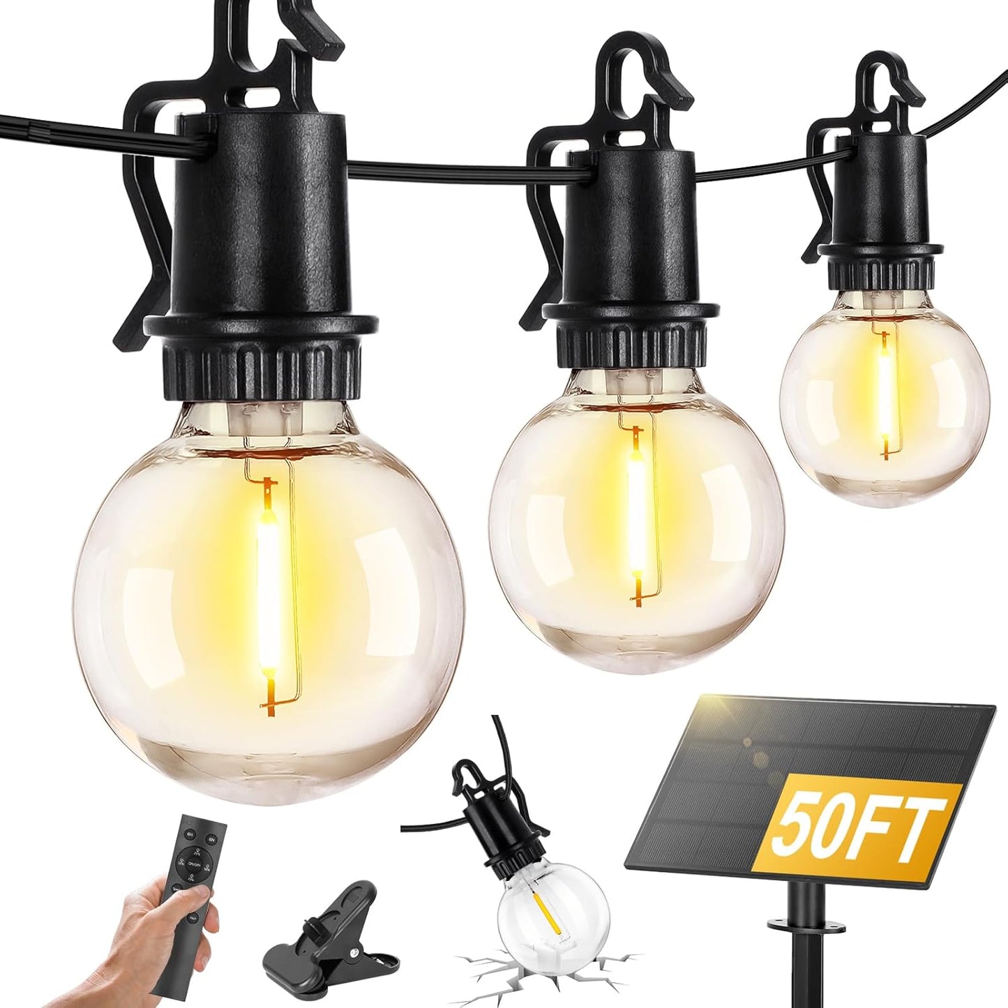 100FT Solar Powered String Lights with Remote - Waterproof G40 Patio Lights, 30 Shatterproof Bulbs, 3 Modes for Camping & Backyard