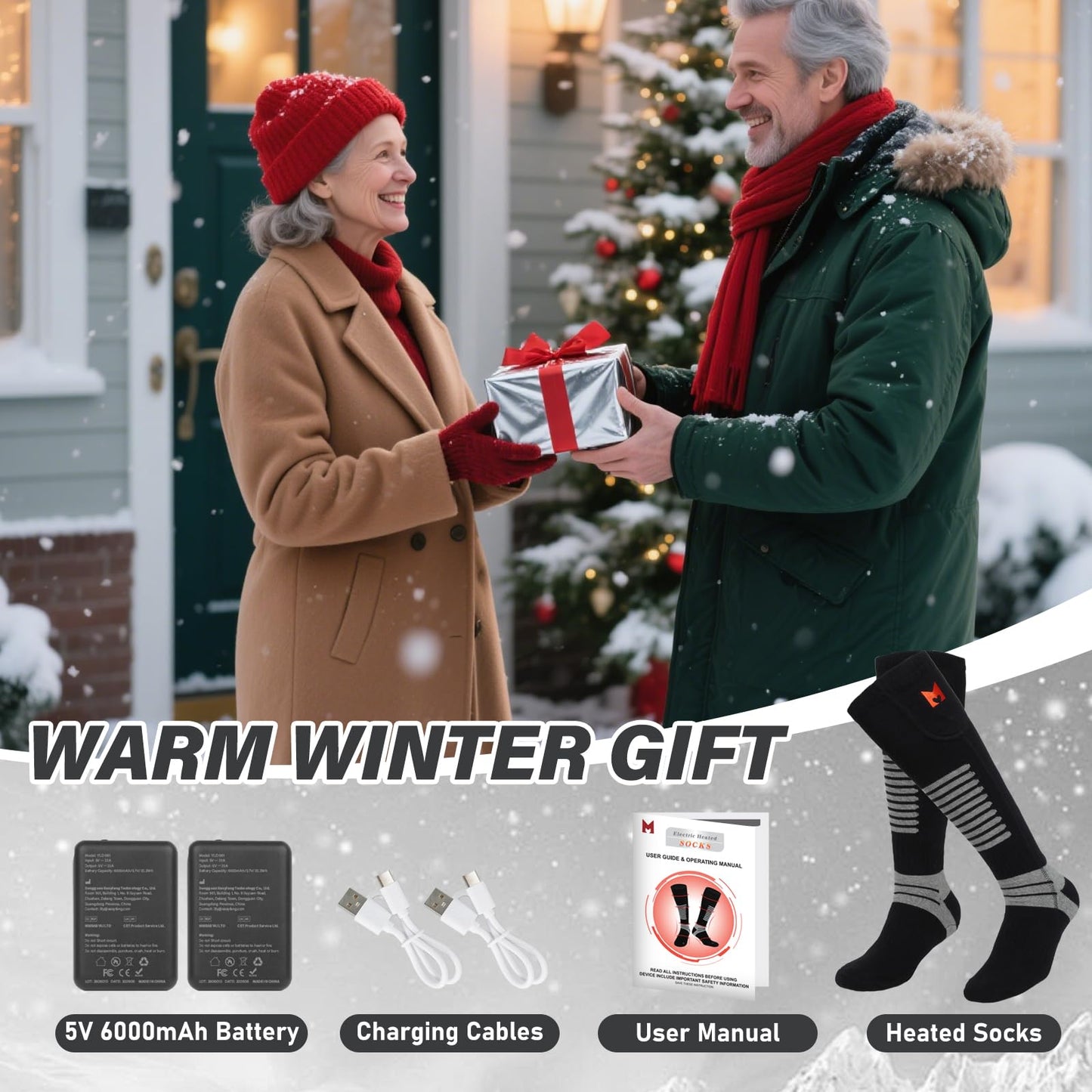 PEKWZIZ Heated Socks, 5V 6000mAh Rechargeable Heated Socks for Men Women, Electric Heated Socks with 4 Heating Levels for Outdoors Working Skating Skiing Hunting Hiking Cycling