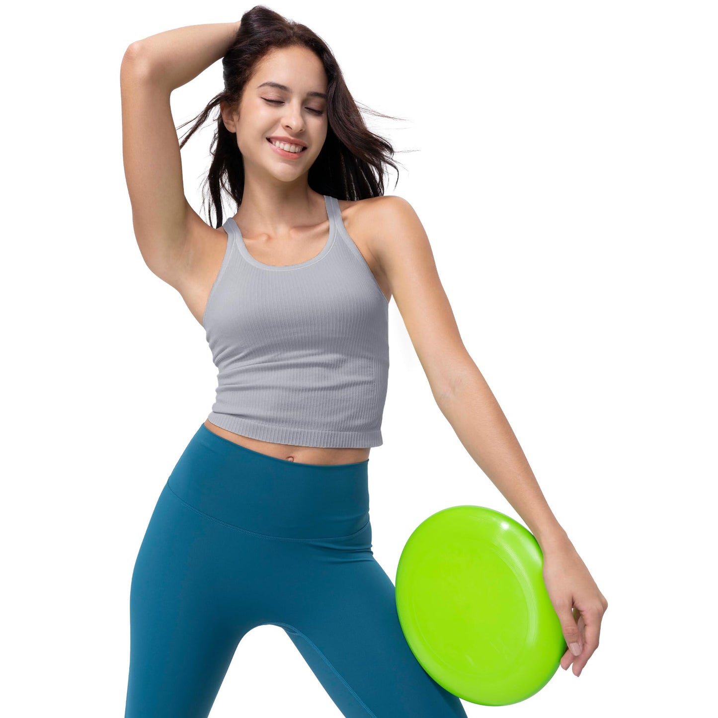 Excwudy Seamless Ribbed Workout Racerback Tank Tops with Built in Bra for Women Grey-Purple L