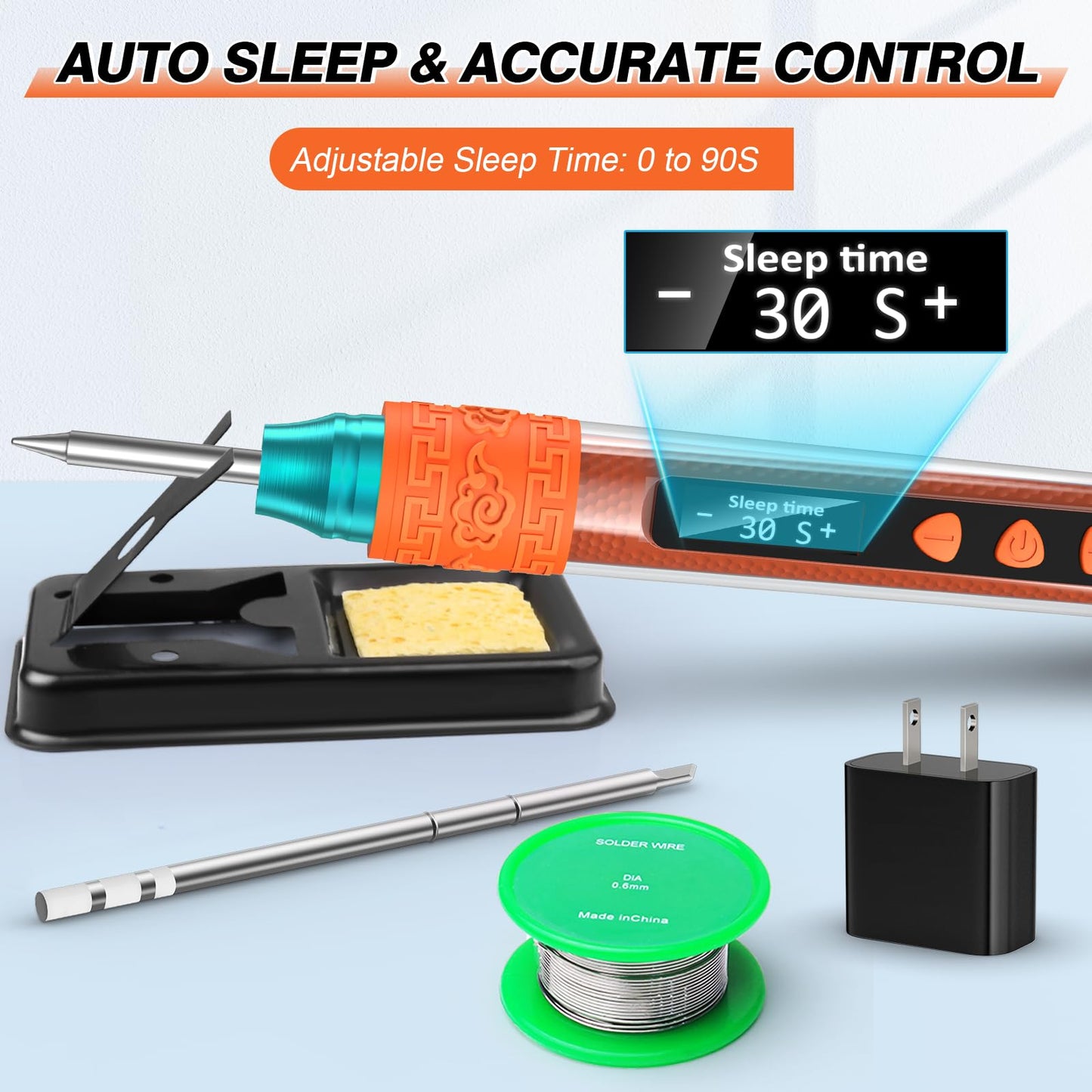 Soldering Iron Kit, Soldering Gun with OLED Digital Display, 8 Seconds Fast Heating 356-896℉ Solder Kit, Auto Sleep, Includes Solder Wire, Stand, T12 Tips for Electronics, Orange(With Power Adapter)