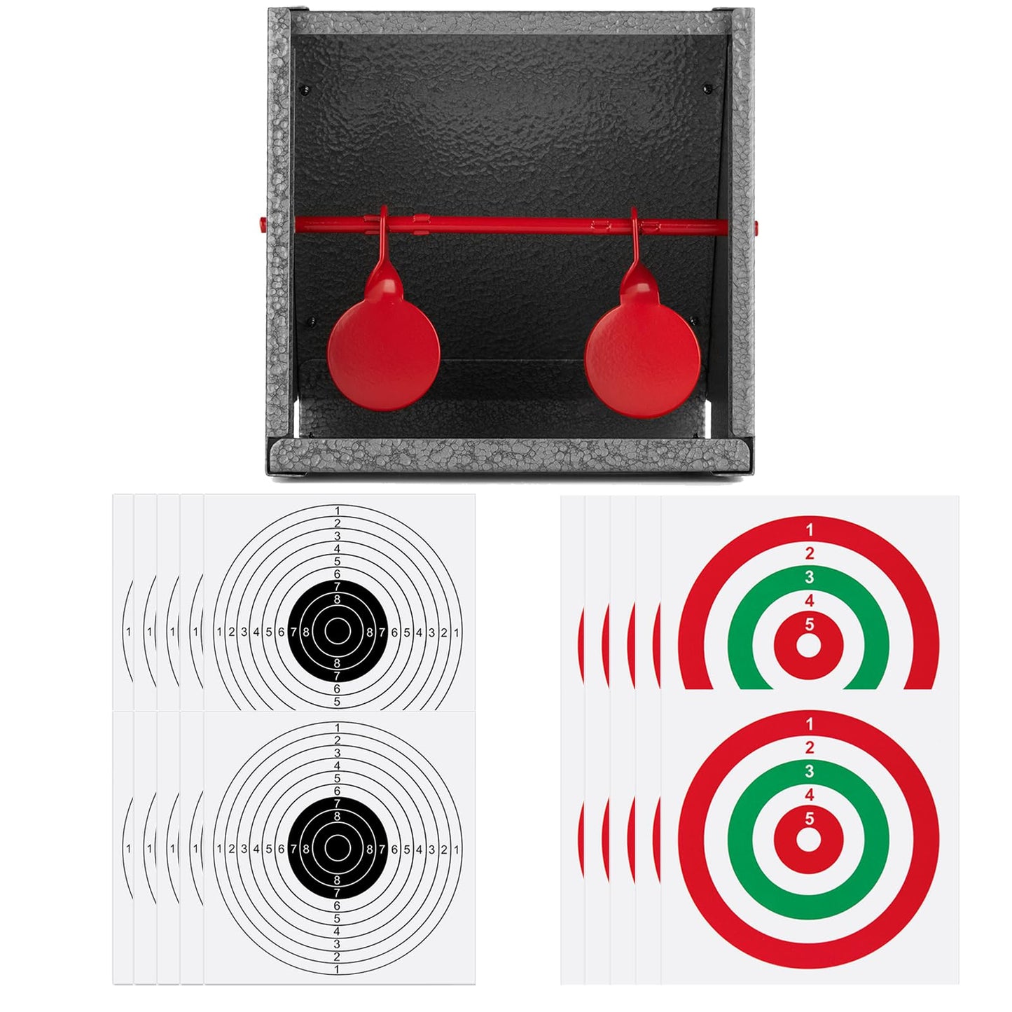 GearOZ BB Gun Target Trap with Catch Box & 20 PCS Shooting Paper, Airsoft & Pellet Gun Shooting Catcher, with Spinning Metal Silhouettes Targets, for Backyard, Indoor - Small Size (Grey)