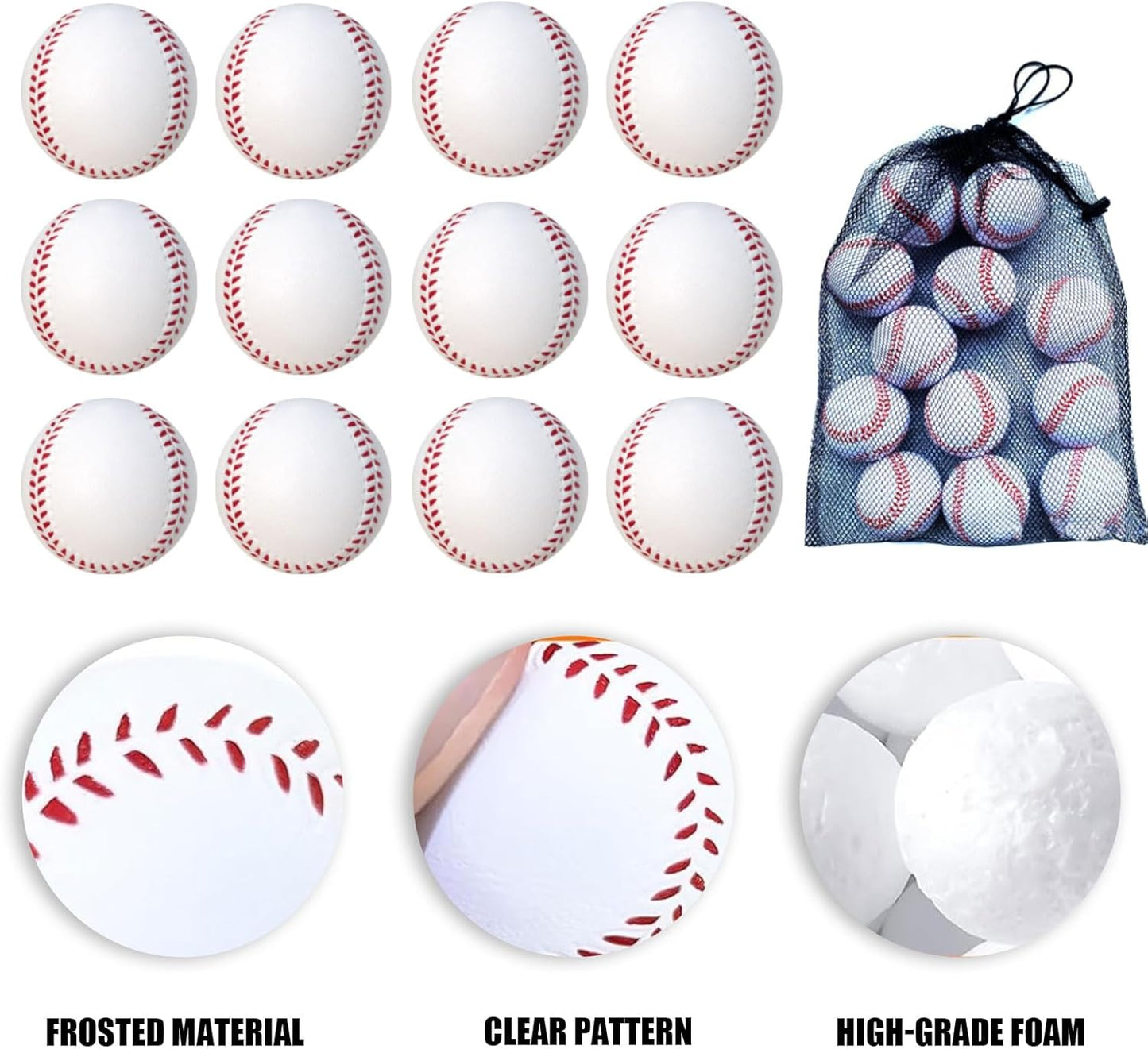 Skiennix 12 Pack Foam Baseballs - Soft Training Balls with Mesh Bag for Indoor/Outdoor Use - White