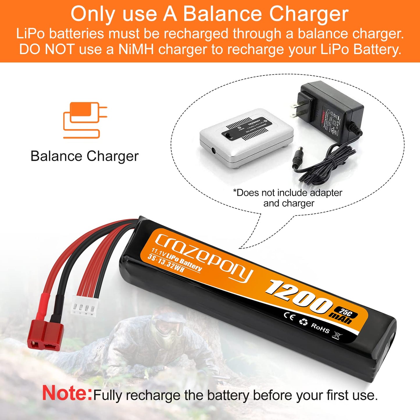 Crazepony Airsoft Battery 11.1V 1200mAh Rechargeable 3S LiPo 25C Hobby Battery with T-Plug & JST XH Connector for Airsoft Model Rifle