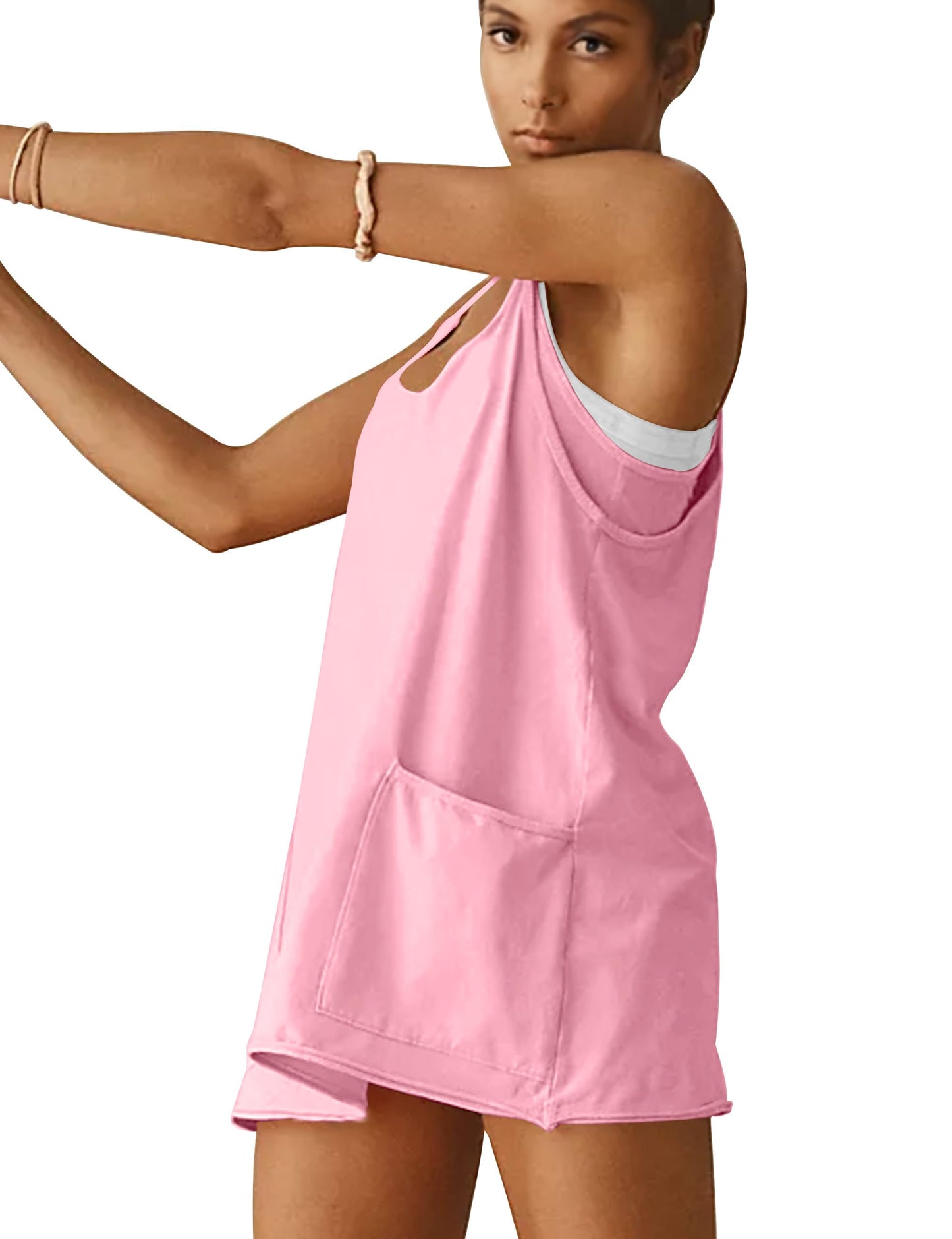 VIUTIL Womens Athletic Dress Built in Shorts Hot Shot Mini Dress Spaghetti Straps Tennis Workout 2026 Summer Romper Dress, Pink, Small