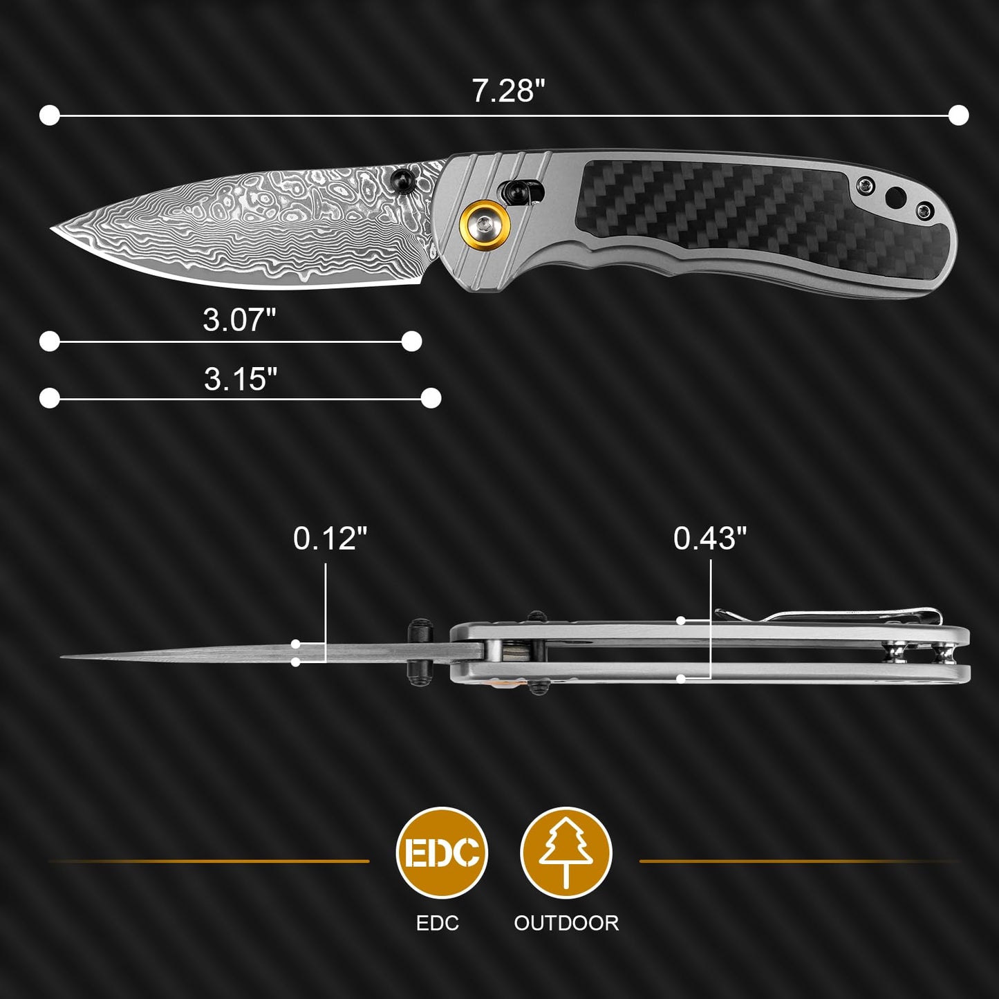 Zingbee Damascus Pocket Knife for Men Women, 3.15" Damascus Steel Blade Pocket Knives & Folding Knives with Carbon Fiber Overlay Handle