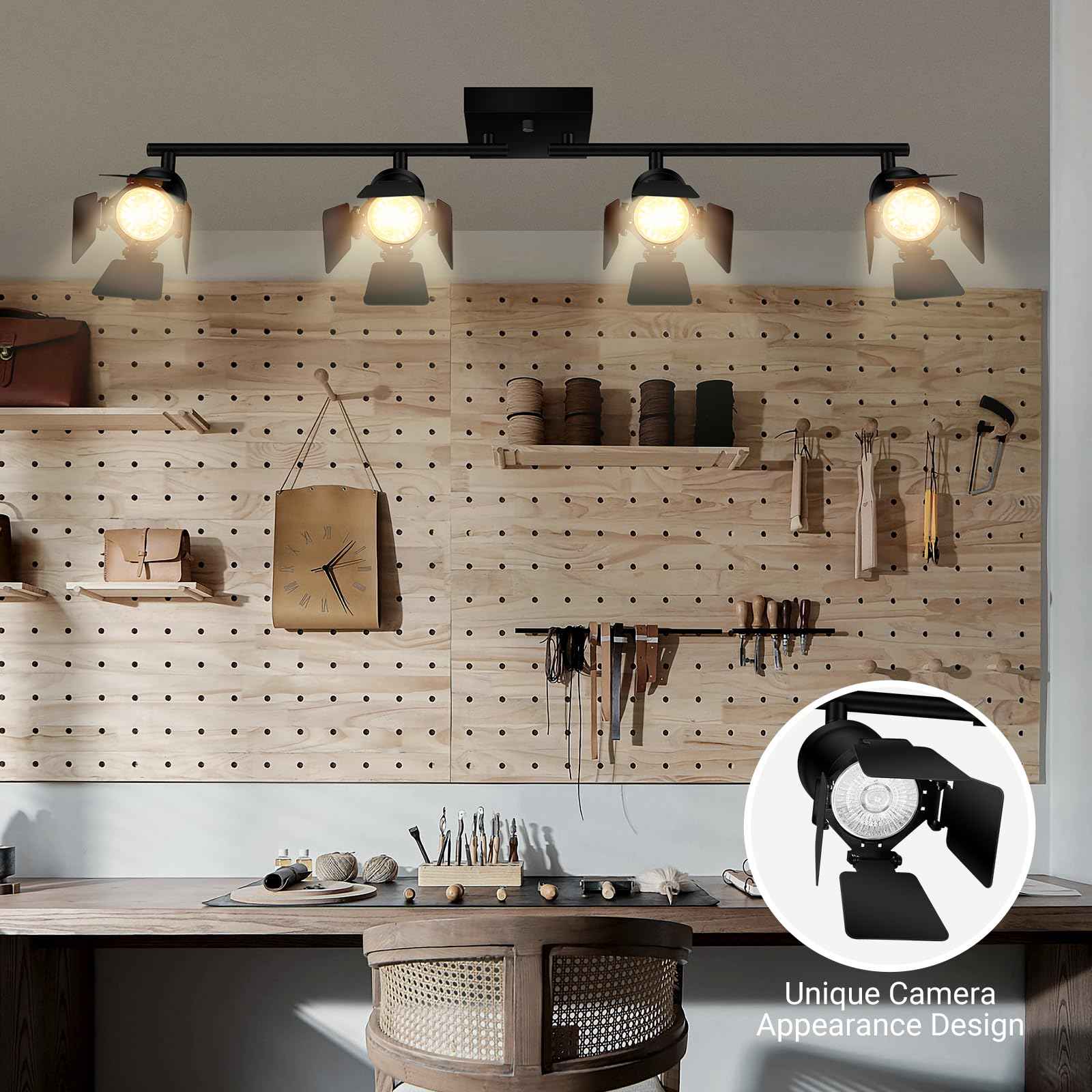 Bricosmocon 4 Light Track Lighting Fixtures Ceiling, Black Track Lighting with Rotatable Heads, Vintage Industrial Ceiling Spotlight Light for Kitchen/Living Room/Bedroom,GU10 Bulb Not Included