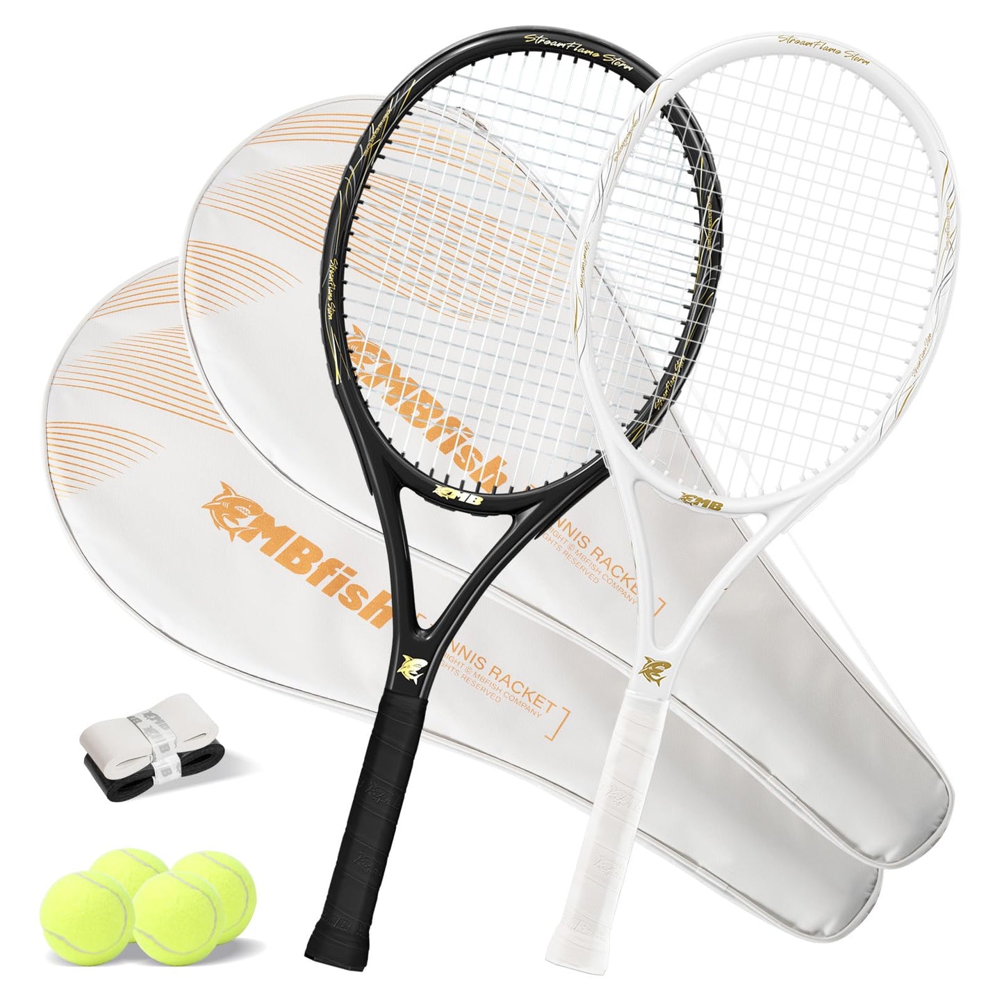 MBFISH Tennis Racket - Super Value Set with Pre-Strung, Comfortable Handle, 27'' Tennis Racquet for Adults, Includes 4 Tennis Balls, 2 Overgrips and 2 Tennis Bag (White Black)