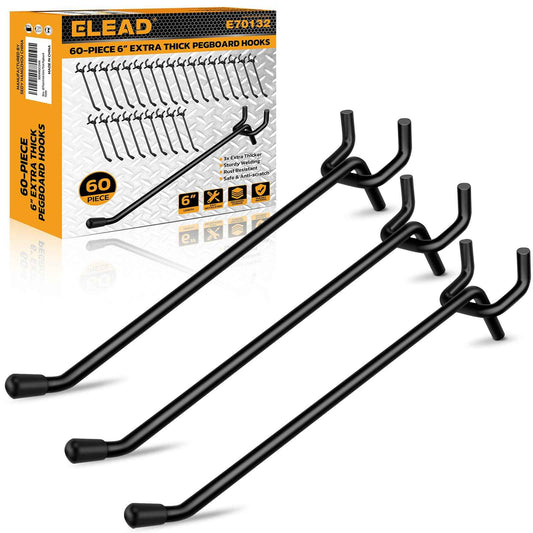 ELEAD 60-Piece 6 Inch Extra Thick Pegboard Hooks, Heavy Duty Peg Board Organizer Accessories, Peg Board Tool Hangers Fit for 1/4" Pegboard Hanging Tools Garage, Workshop, and Craft Storage